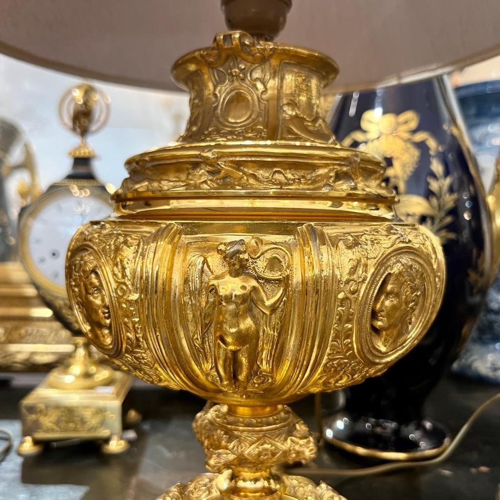 19th Century Pair of Gilt Bronze Lamps with Red Griotte Marble Bases For Sale 2