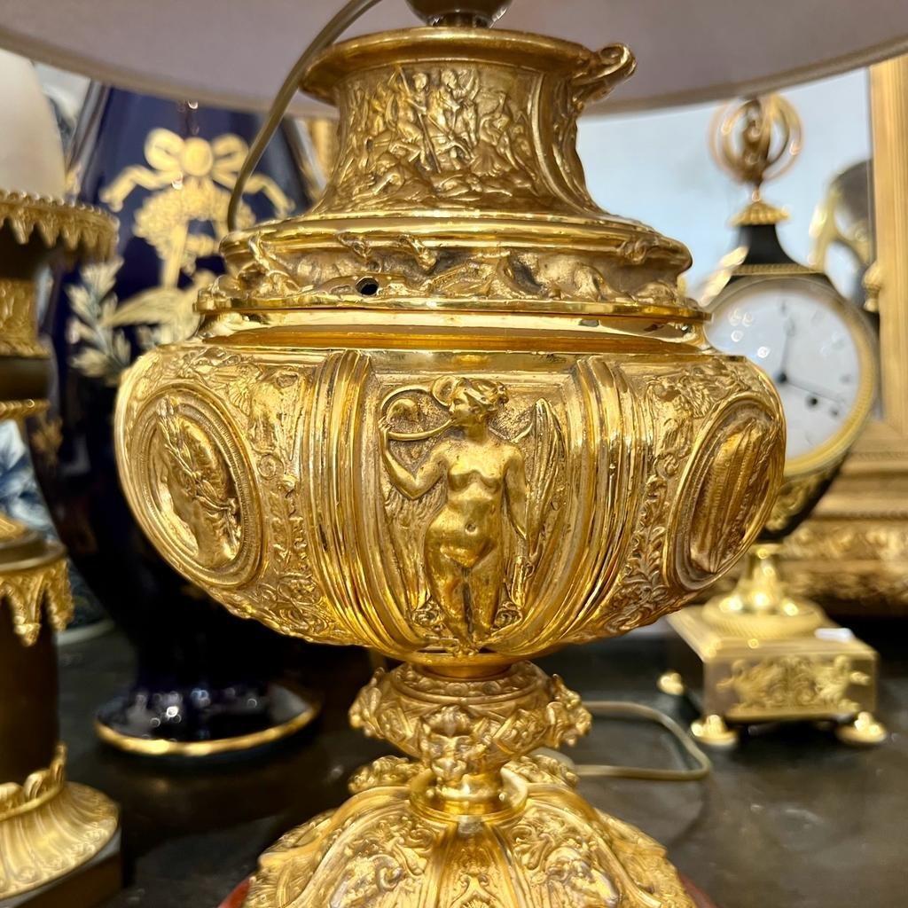 19th Century Pair of Gilt Bronze Lamps with Red Griotte Marble Bases For Sale 4