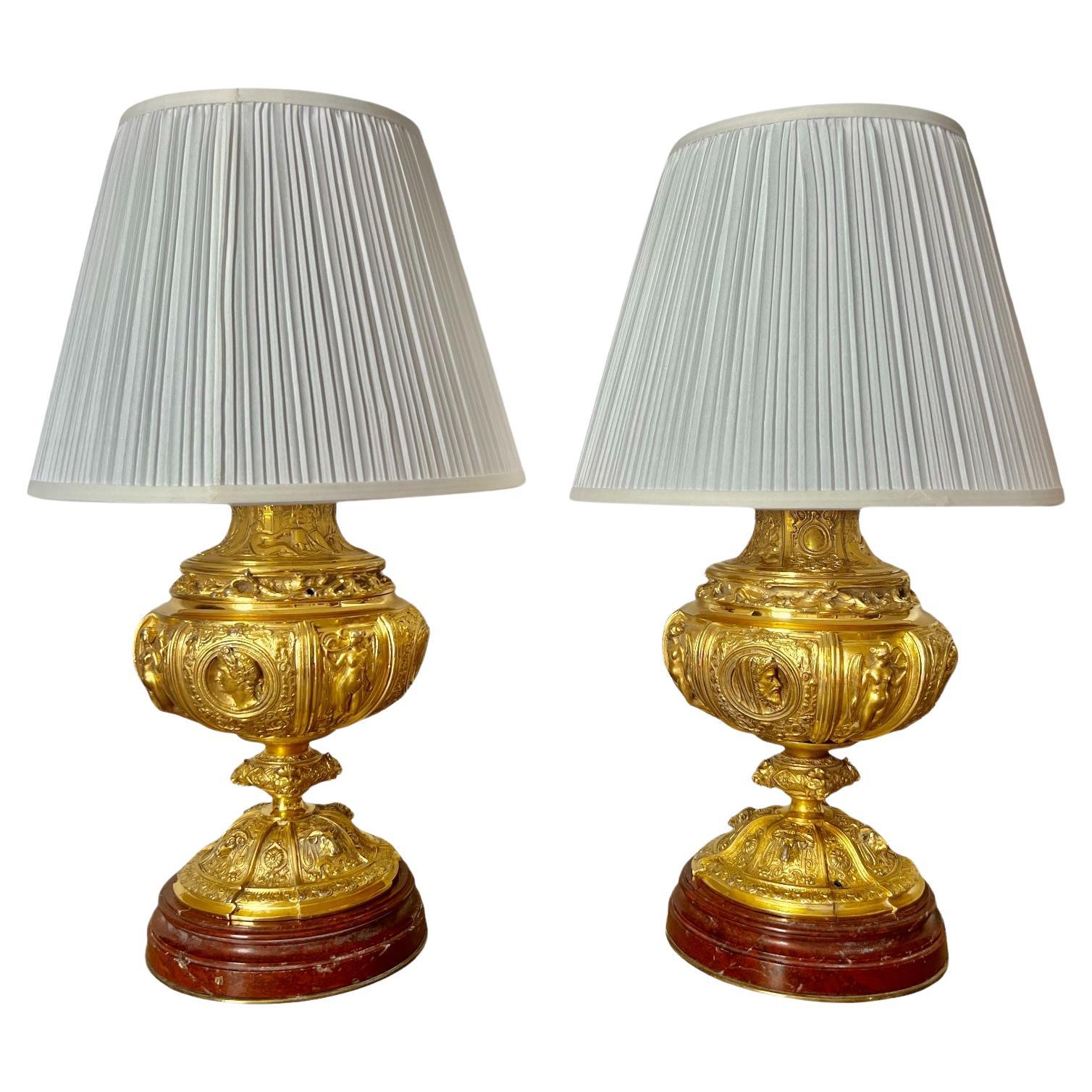 19th Century Pair of Gilt Bronze Lamps with Red Griotte Marble Bases