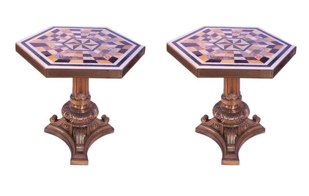 Inlay 19th Century Pair of Gilt Bronze Marble Pietre Dure Tables For Sale