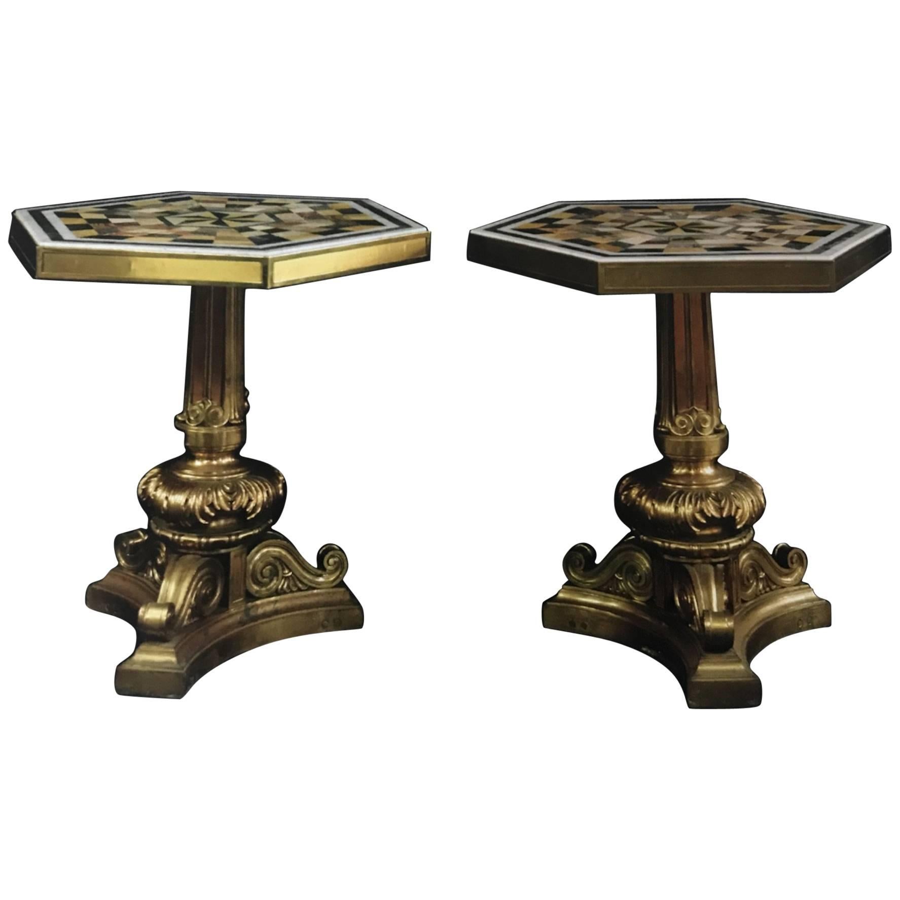 19th Century Pair of Gilt Bronze Marble Pietre Dure Tables For Sale