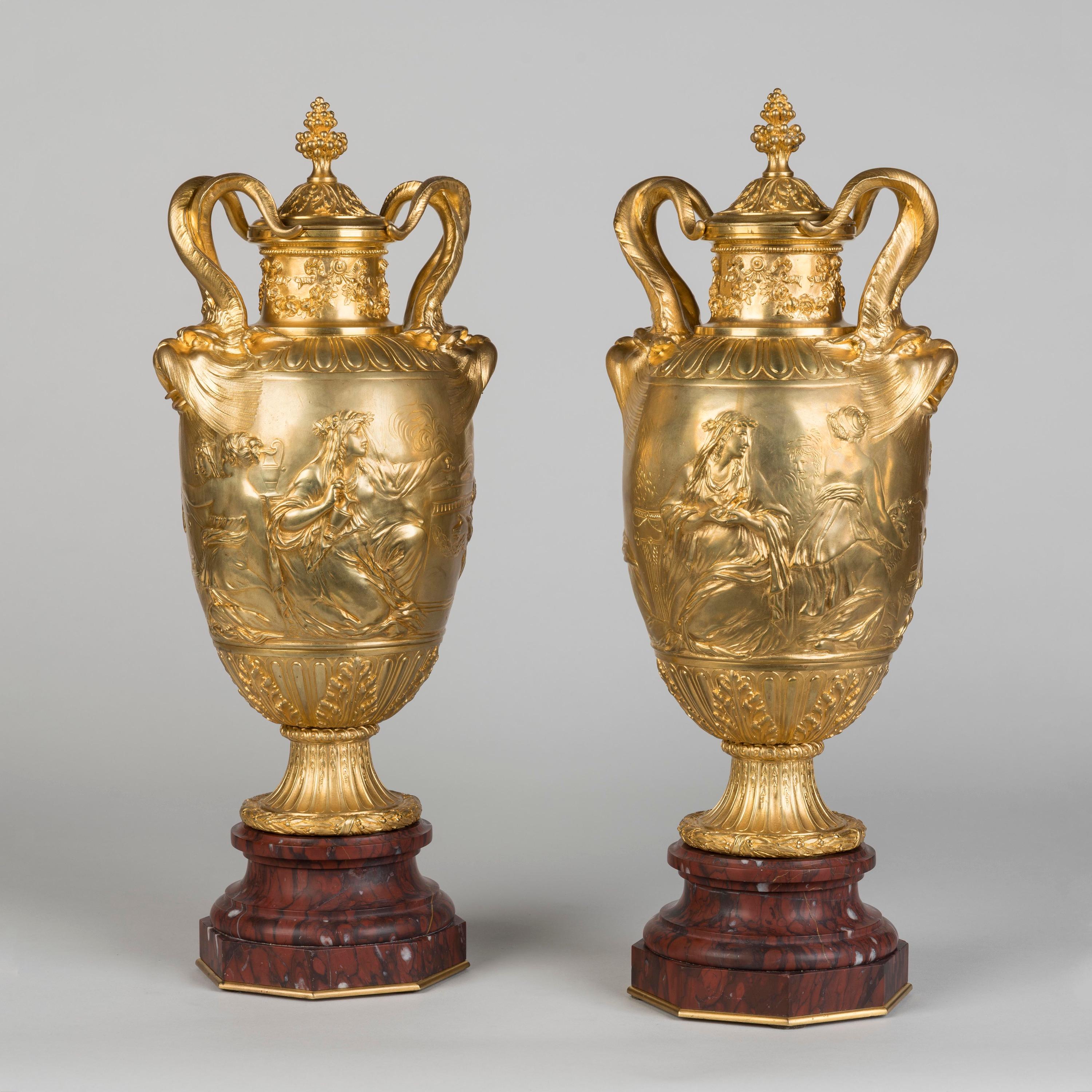 French 19th Century Pair of Gilt Bronze Vases Designed by Clodion Made by Barbedienne For Sale