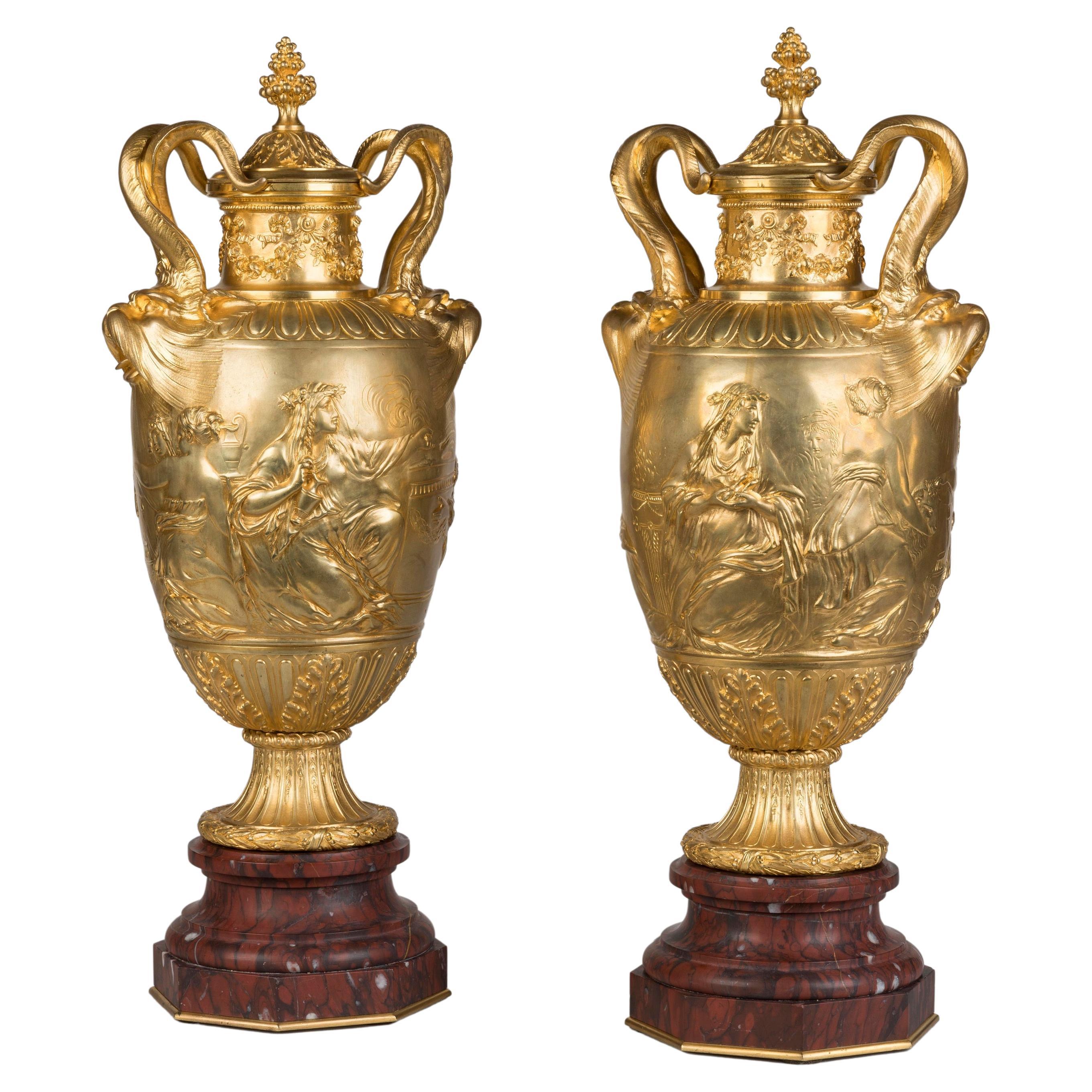19th Century Pair of Gilt Bronze Vases Designed by Clodion Made by Barbedienne