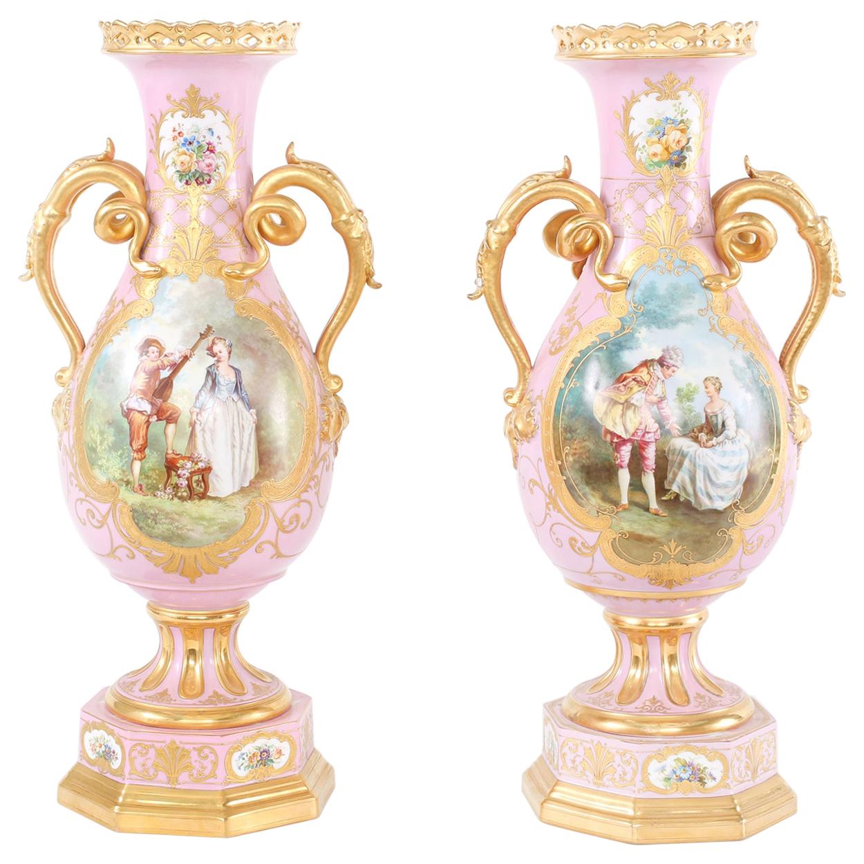 19th Century Pair Gilt Porcelain Decorative Urns / Vases For Sale