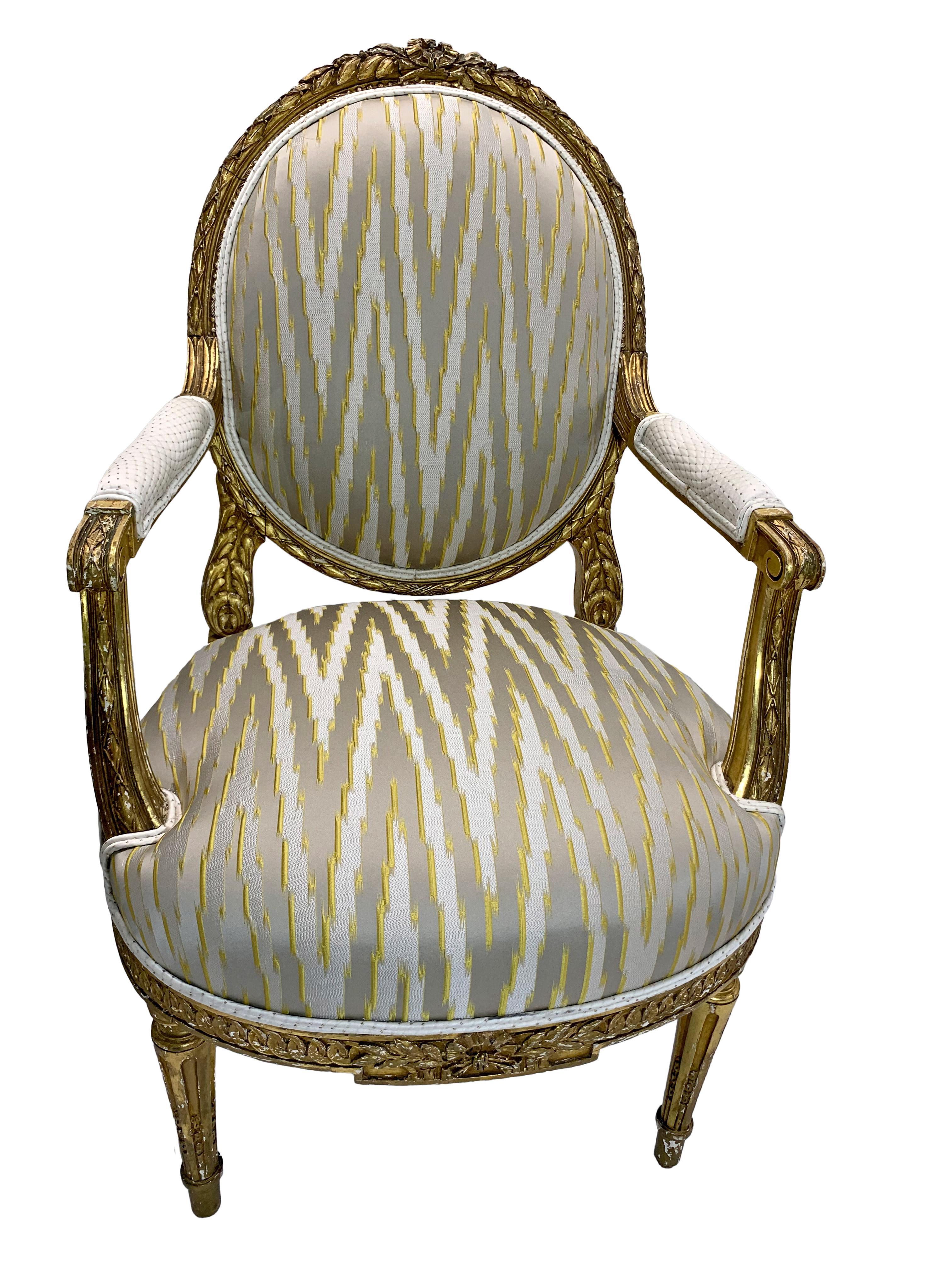 Fabric 19th Century Pair of Giltwood Louis XVI Style French Oval Back Armchairs For Sale
