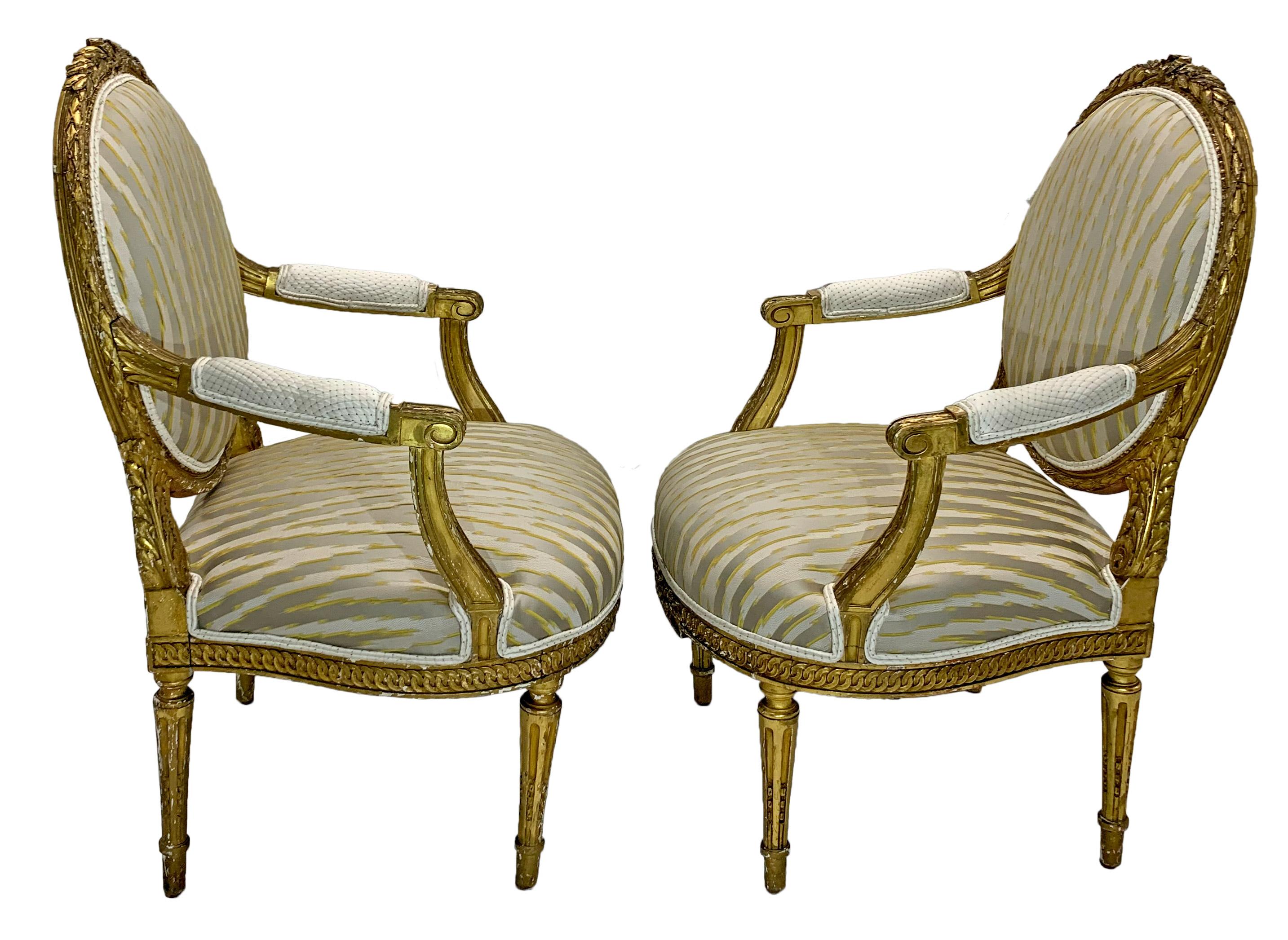 19th Century Pair of Giltwood Louis XVI Style French Oval Back Armchairs For Sale 1