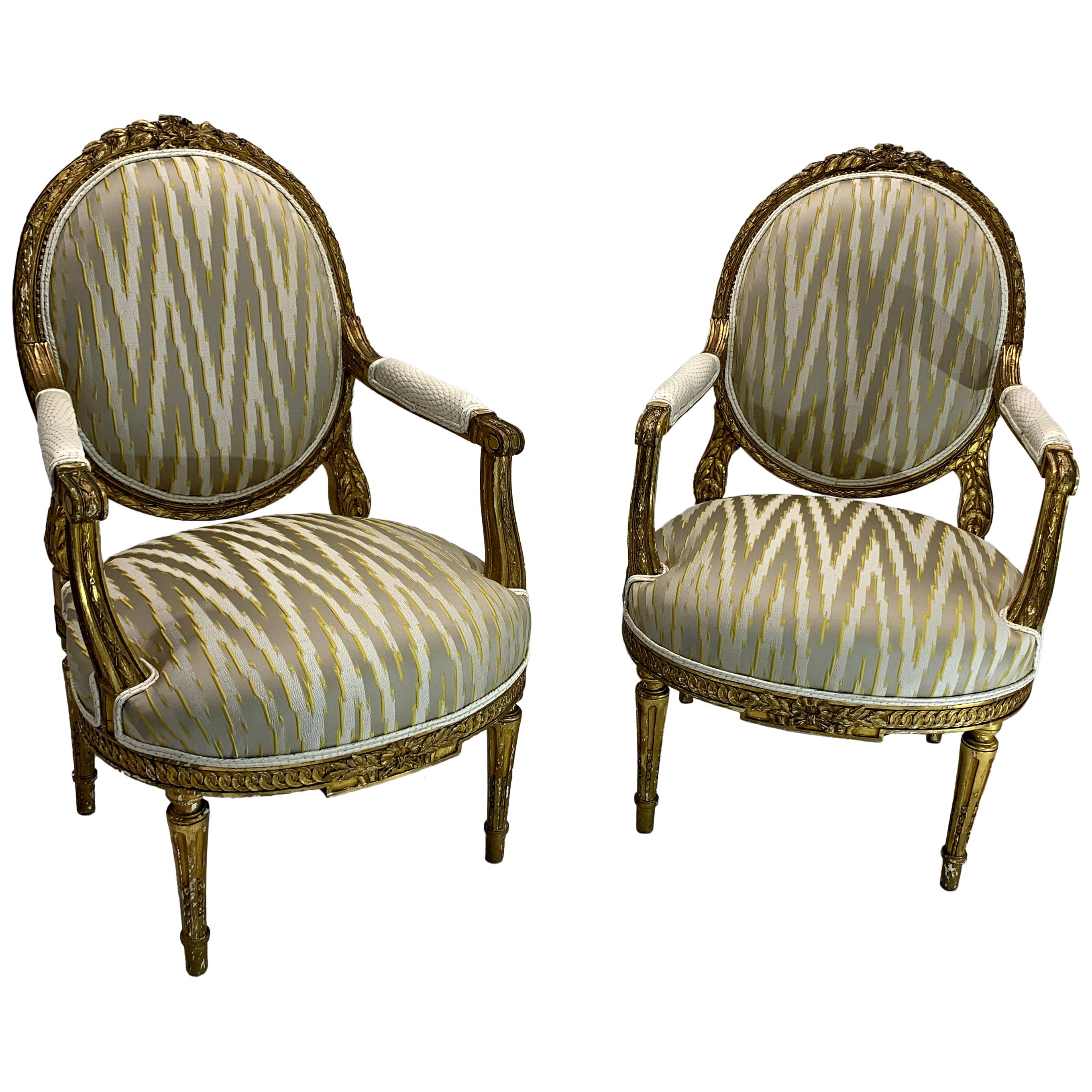 19th Century Pair of Giltwood Louis XVI Style French Oval Back Armchairs For Sale