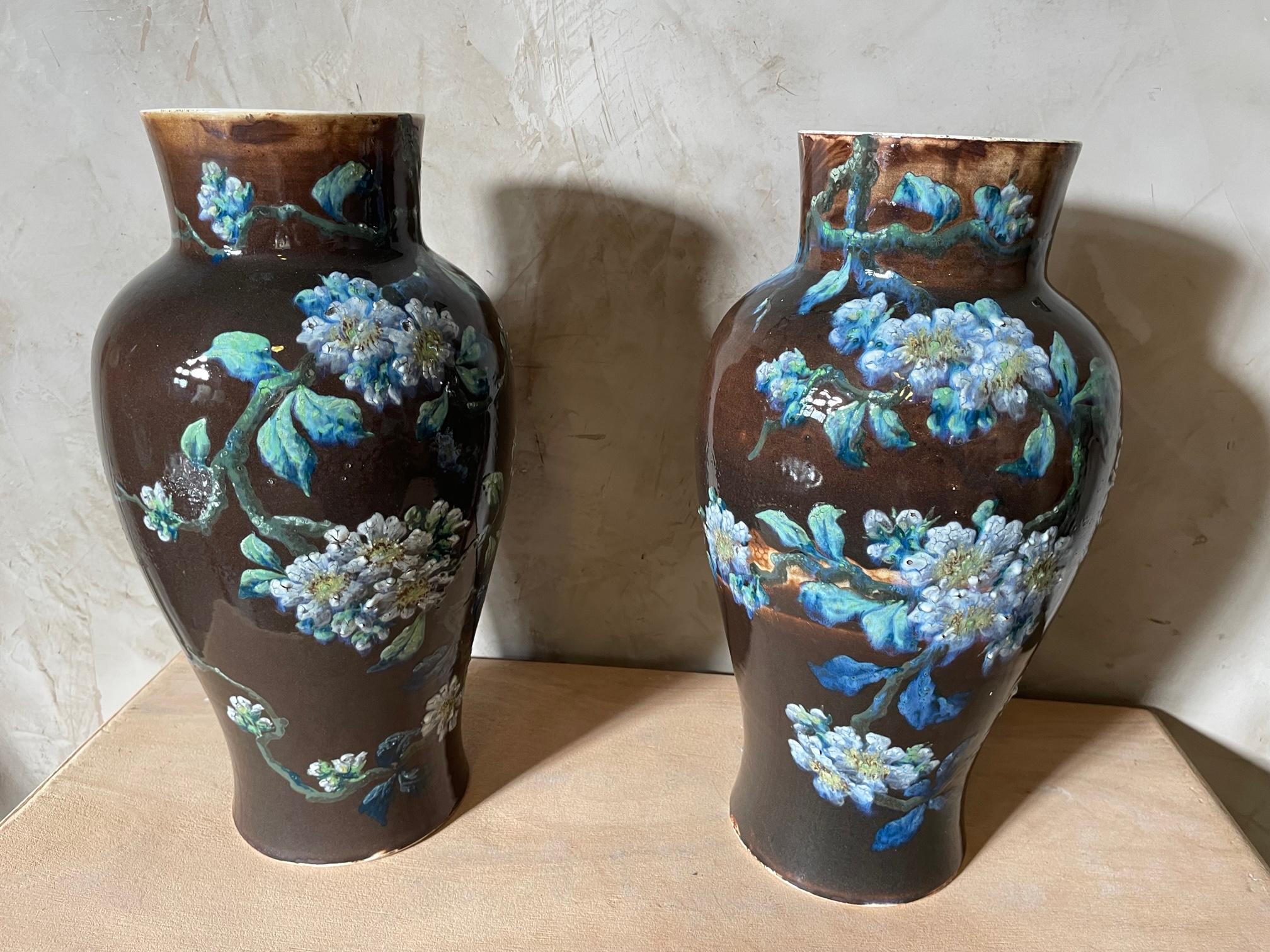 19th Century Pair of Glazed Ceramic Vases Signed Longchamp, 1890s In Good Condition In LEGNY, FR