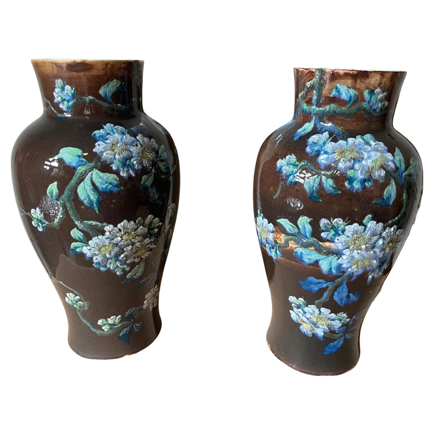 19th Century Pair of Glazed Ceramic Vases Signed Longchamp, 1890s