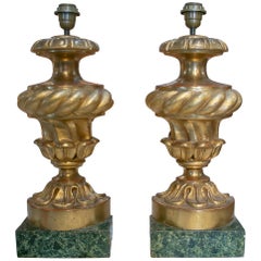 19th Century Pair of Gold Gilt Wooden Table Lamps with Marbled Base