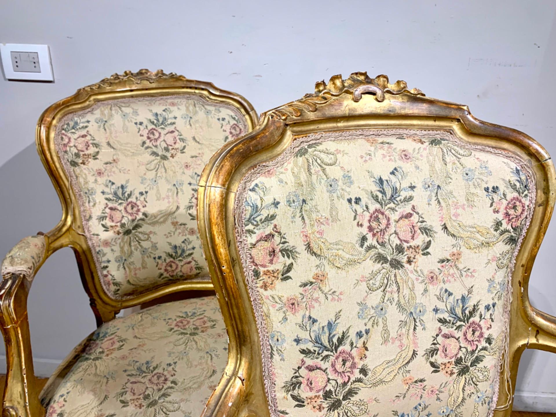 19th CENTURY PAIR OF GOLDEN ARMCHAIRS LUIS PHILIPPE In Good Condition In Firenze, FI