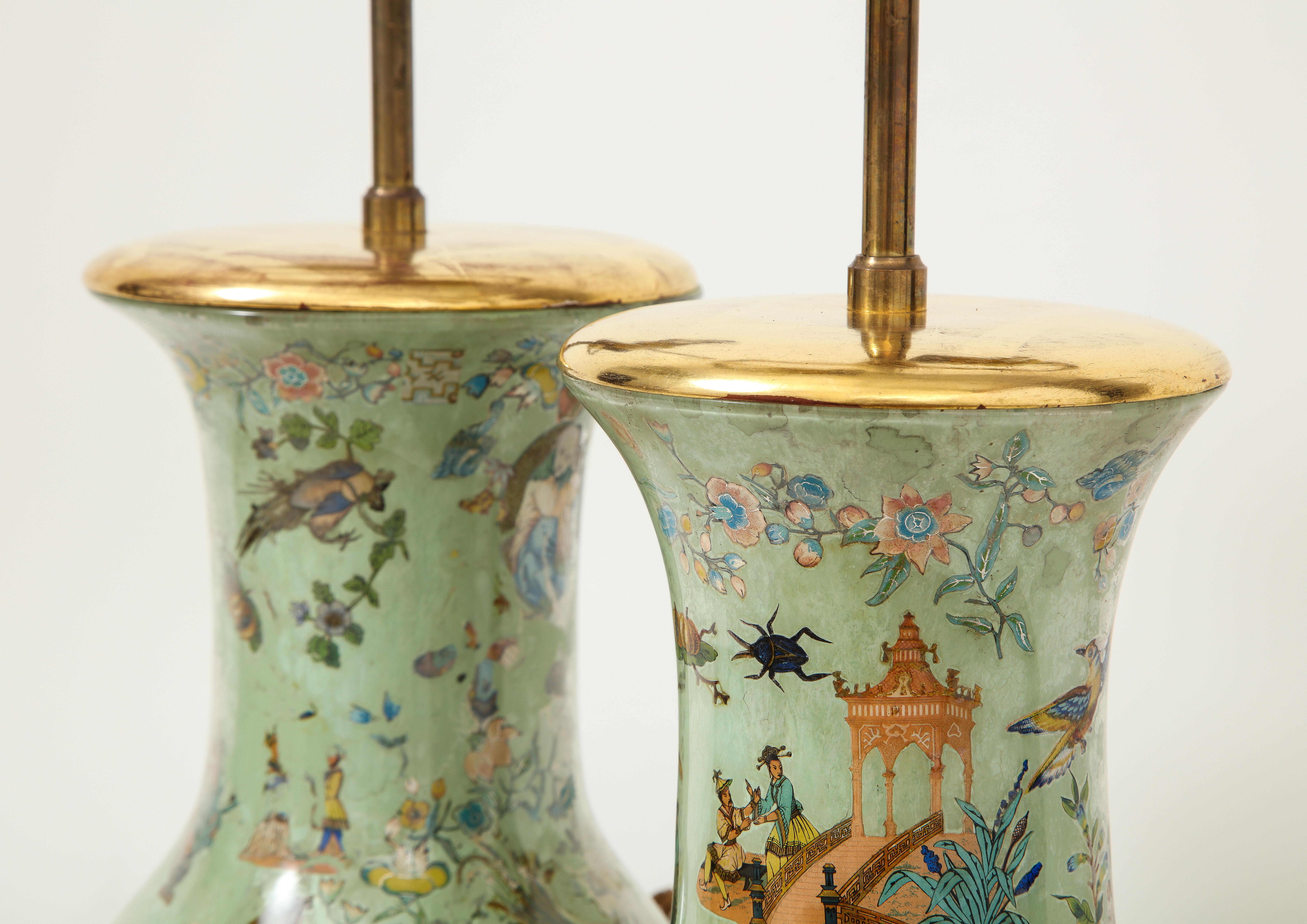 Chinoiserie 19th Century Pair of Green Decalcomania Vases Mounted as Lamps