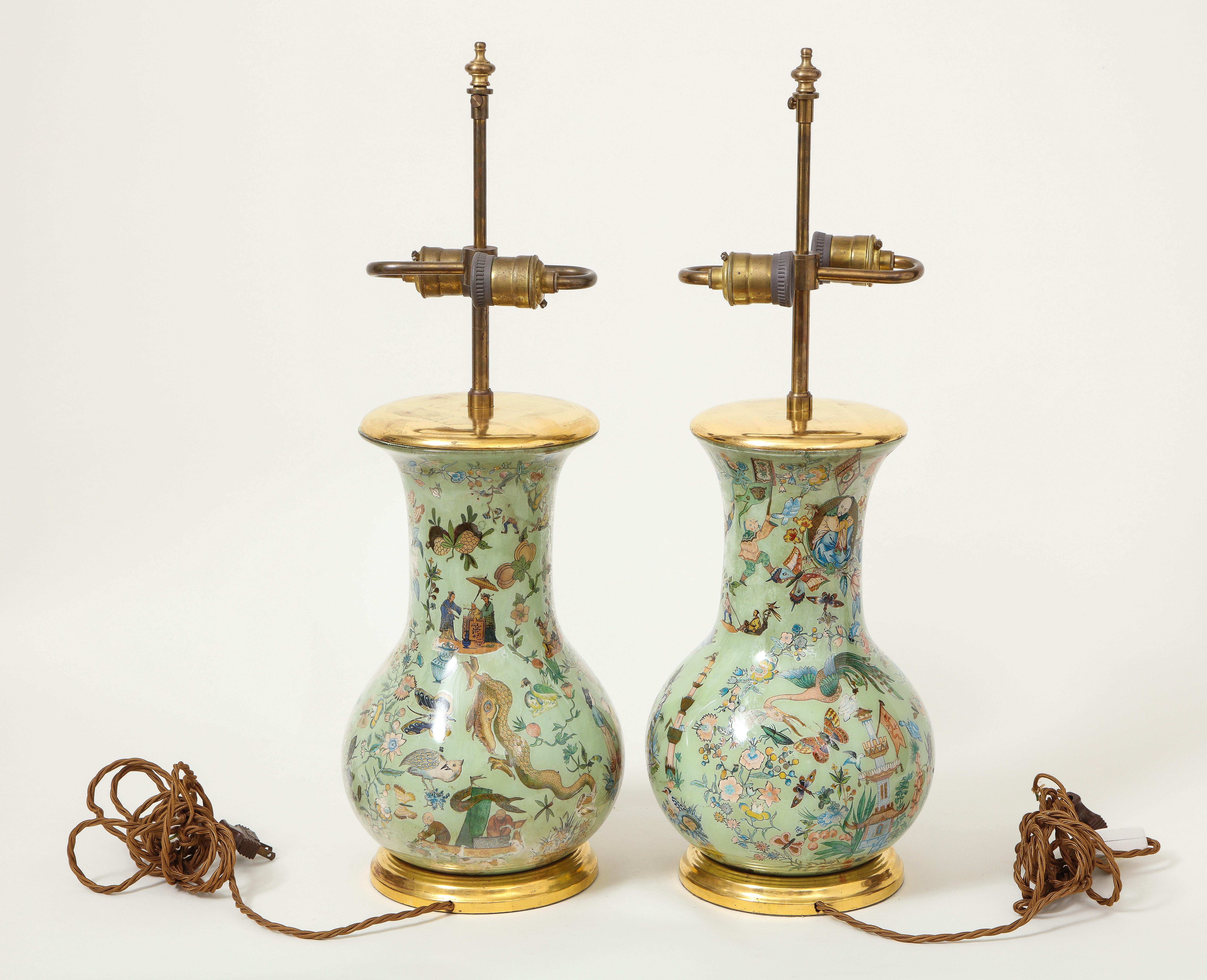 19th Century Pair of Green Decalcomania Vases Mounted as Lamps 2