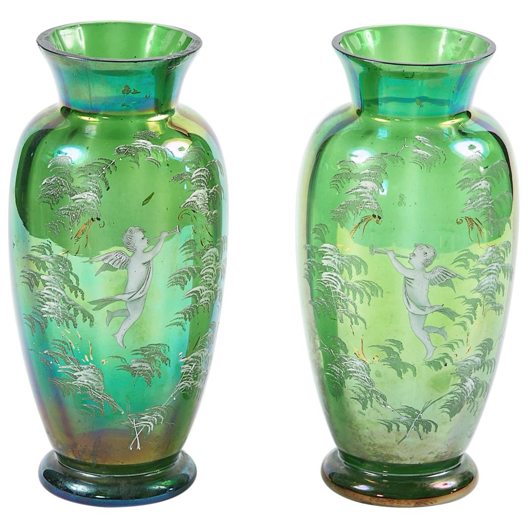 19th Century Pair of Green Glass Vases after Mary Gregory