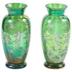 Antique 19th Century Pair of Green Glass Vases after Mary Gregory