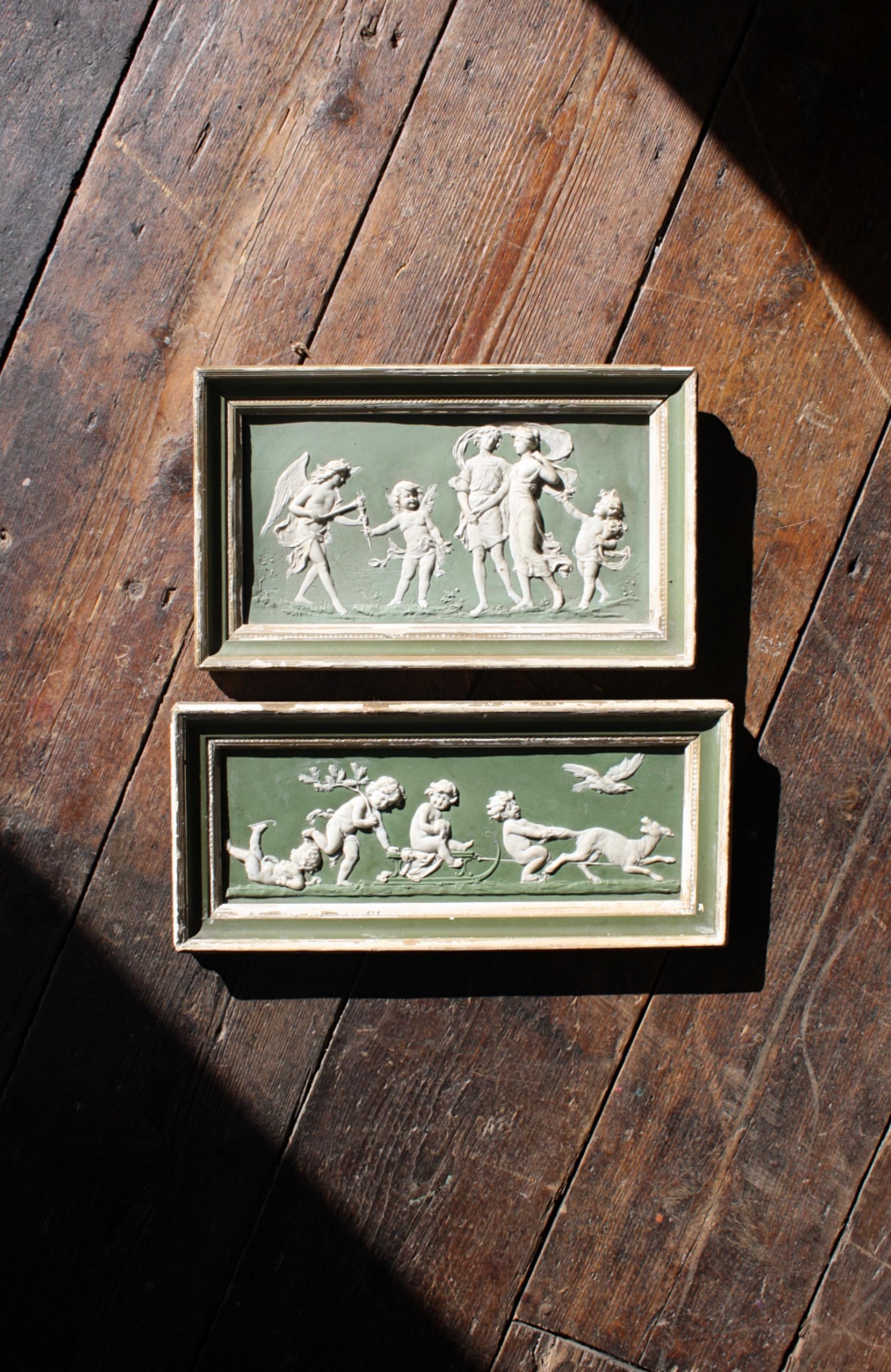 19th Century Pair of Green Ground Jasperware Plaques Classical Panels 8