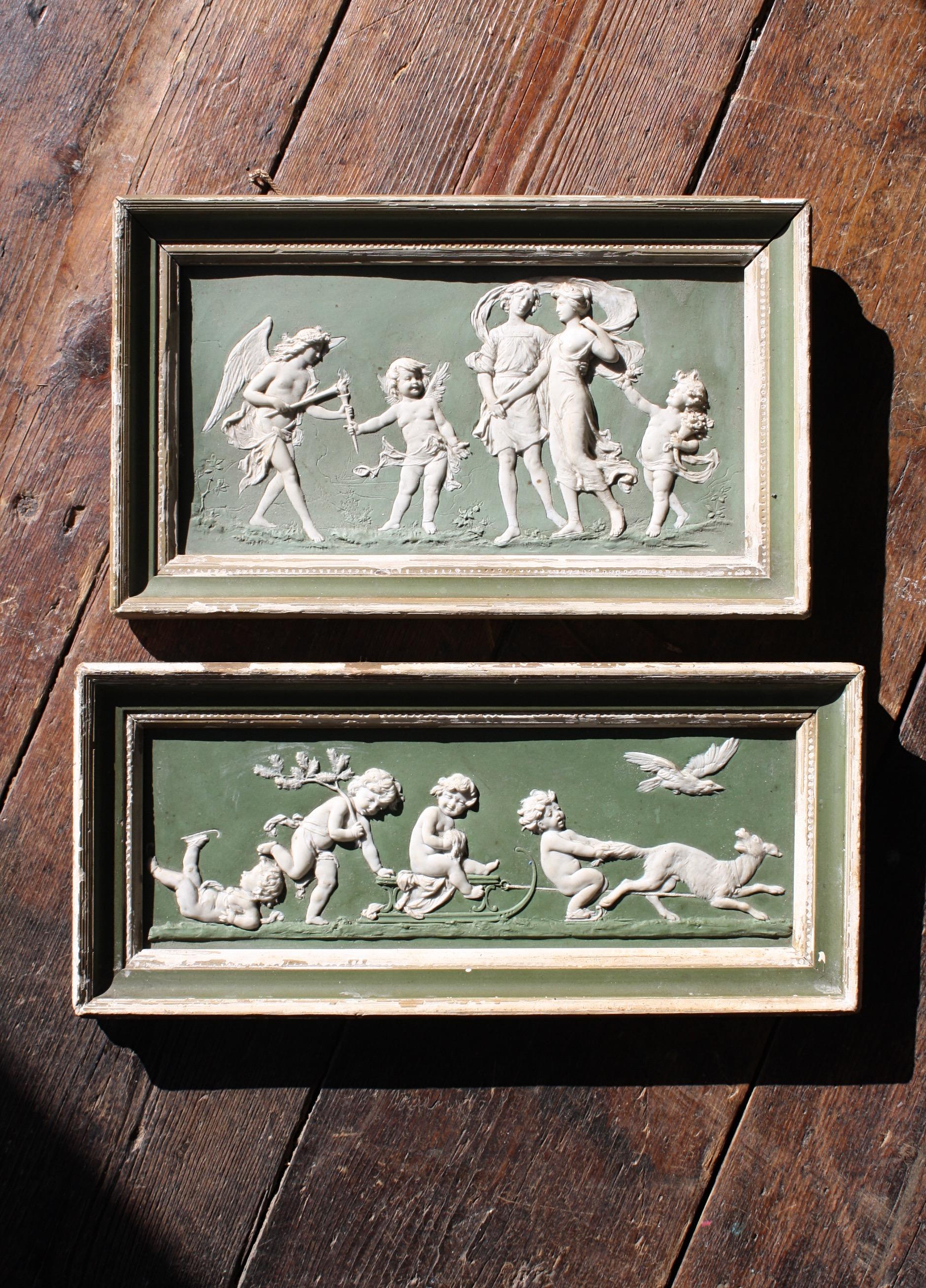 19th Century Pair of Green Ground Jasperware Plaques Classical Panels 9