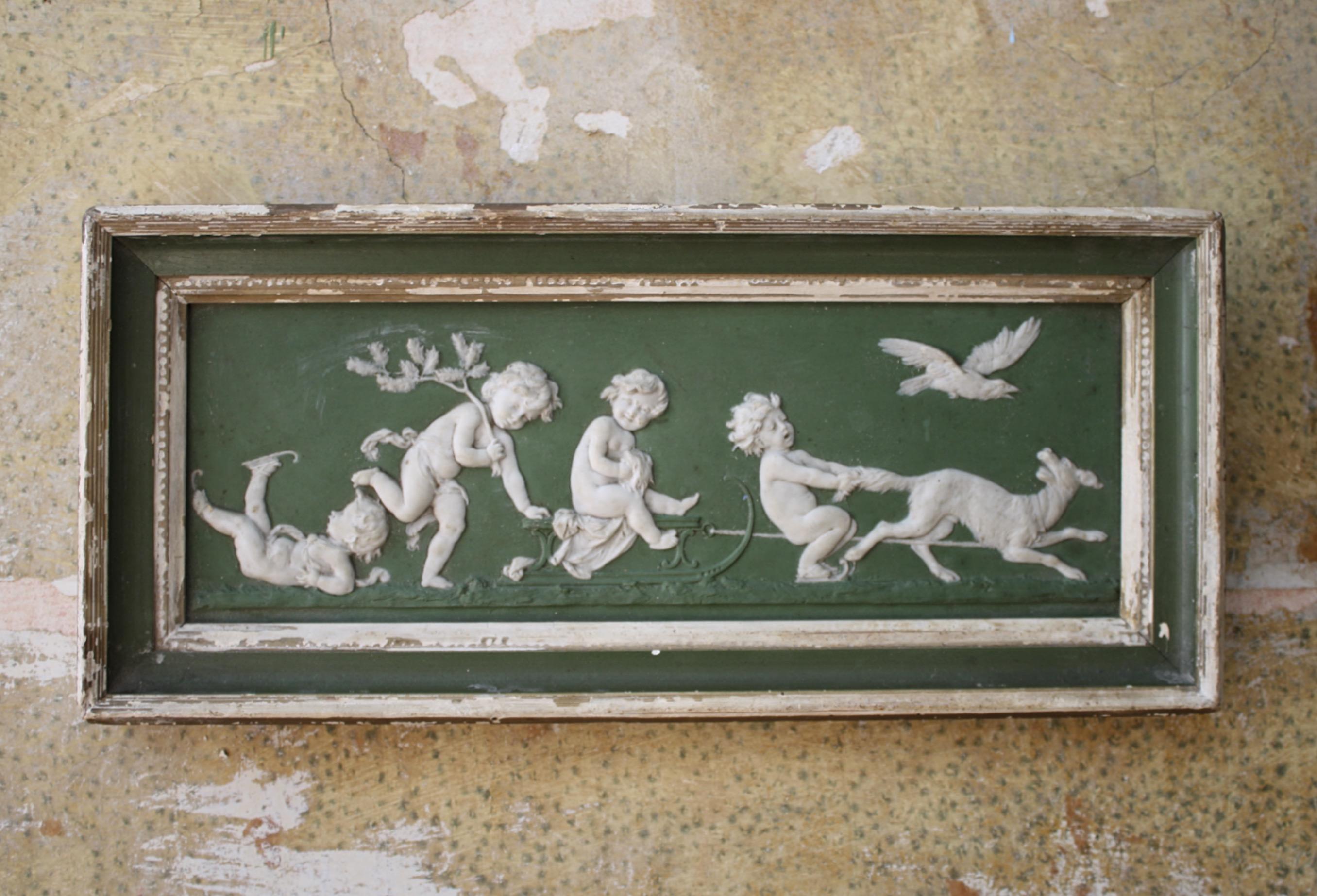 English 19th Century Pair of Green Ground Jasperware Plaques Classical Panels