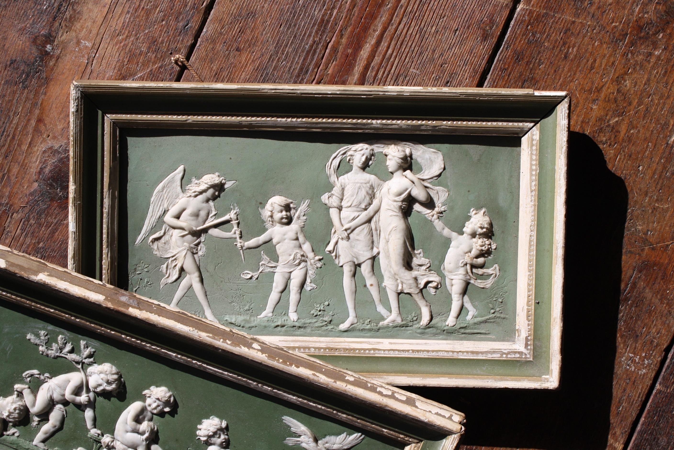 Ceramic 19th Century Pair of Green Ground Jasperware Plaques Classical Panels