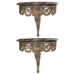 19th Century Pair of Grey Hand Carved French Console Tables with Marble Tops