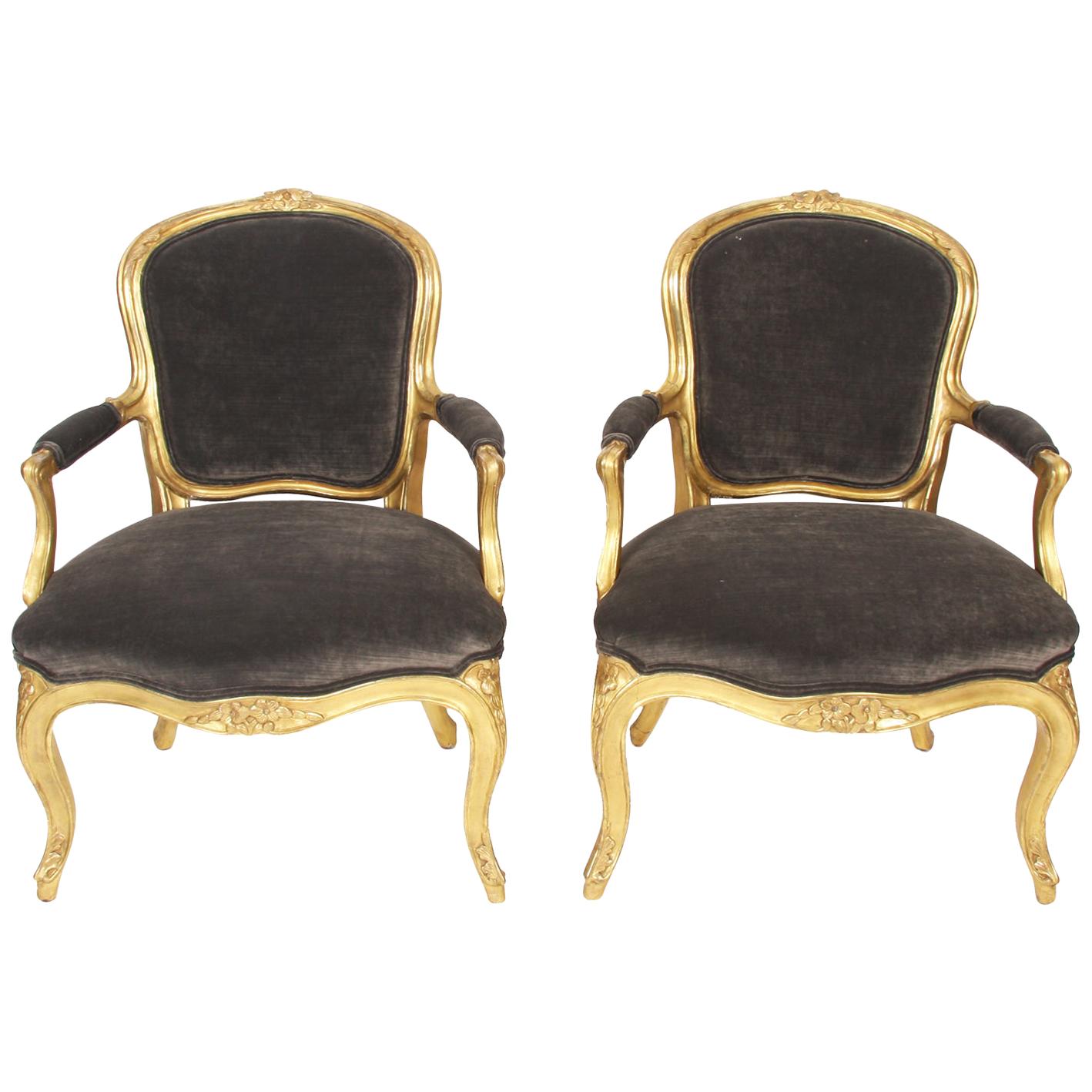19th Century Pair of Grey Velvet and Giltwood Salon Chairs For Sale