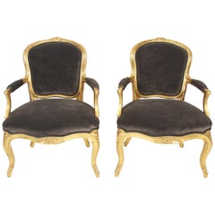 19th Century Pair of Grey Velvet and Giltwood Salon Chairs