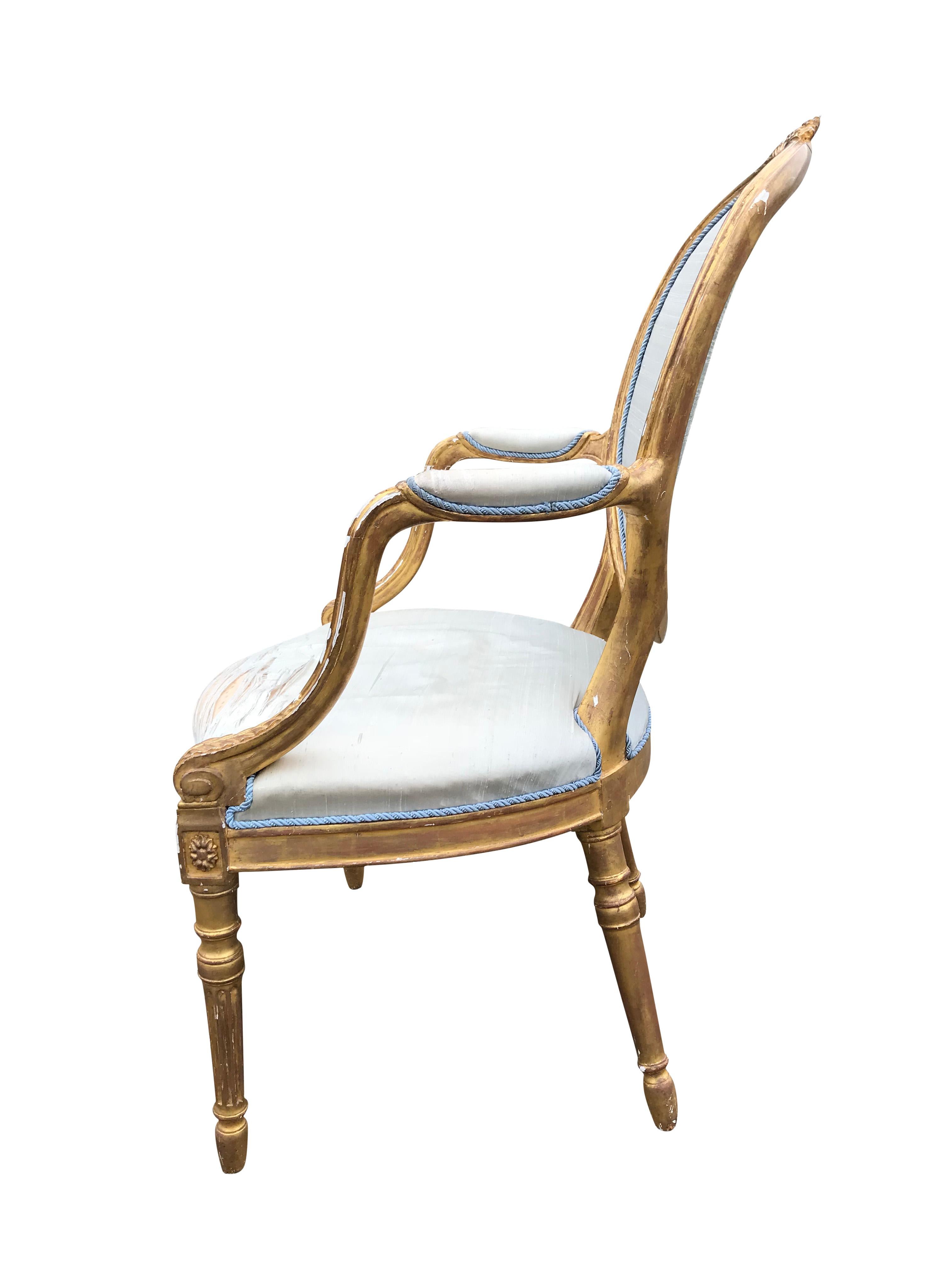 Gilt 19th Century Pair of Hepplewhite Open Armchairs