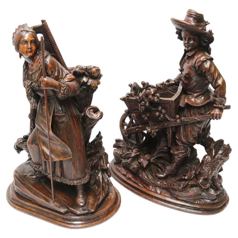 19th century pair of horticultural Black Forest figures, circa 1850 For Sale