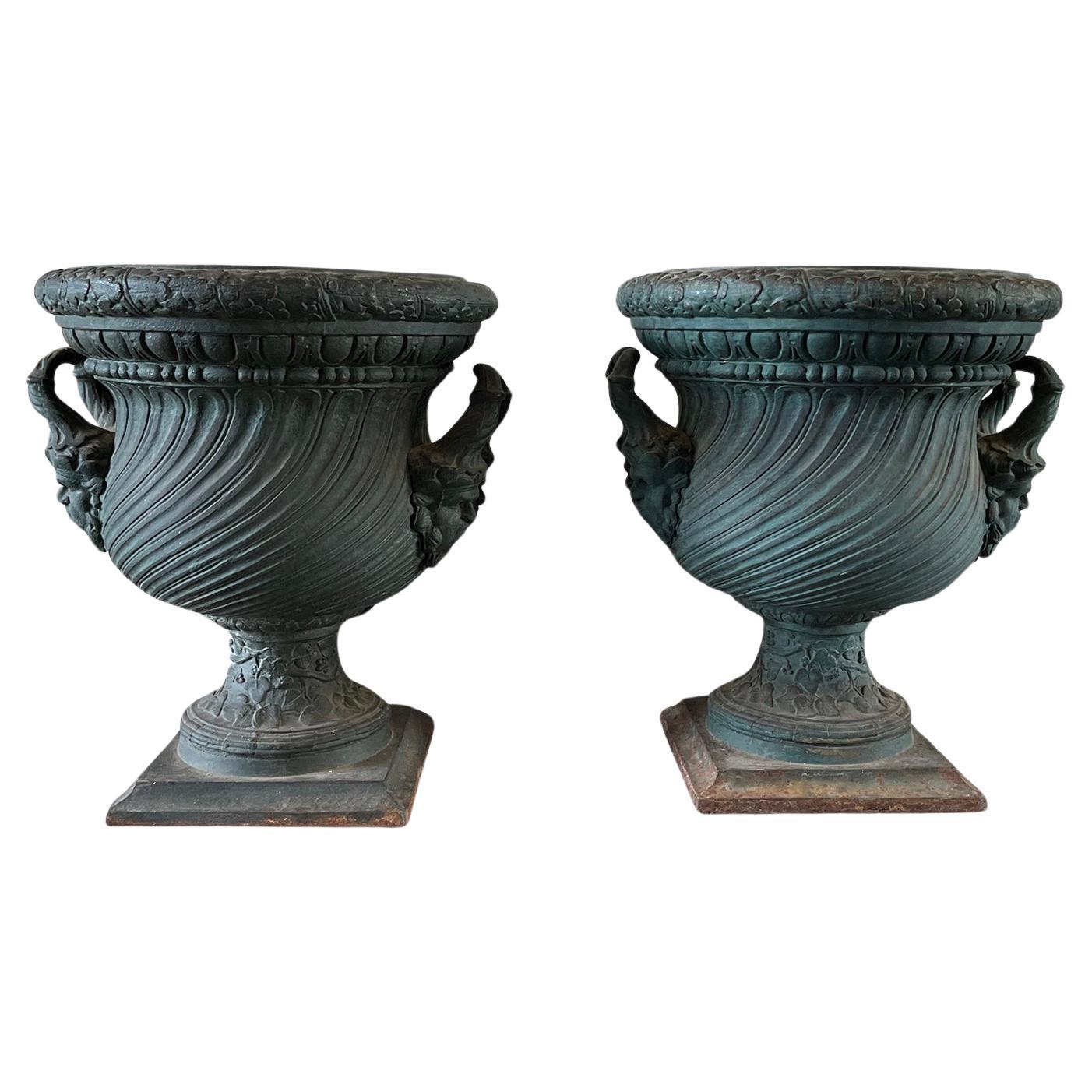 19th Century Pair of Ile de France Urns - Antique French Cast Iron Planters For Sale