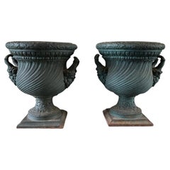 19th Century Pair of Ile de France Urns - Vintage French Cast Iron Planters