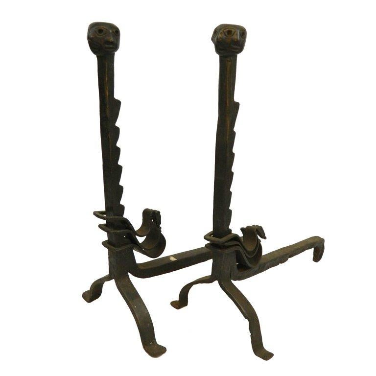 19th Century Pair of Iron Andirons or Chenets with Faces Motif