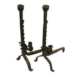 Antique 19th Century Pair of Iron Andirons or Chenets with Faces Motif