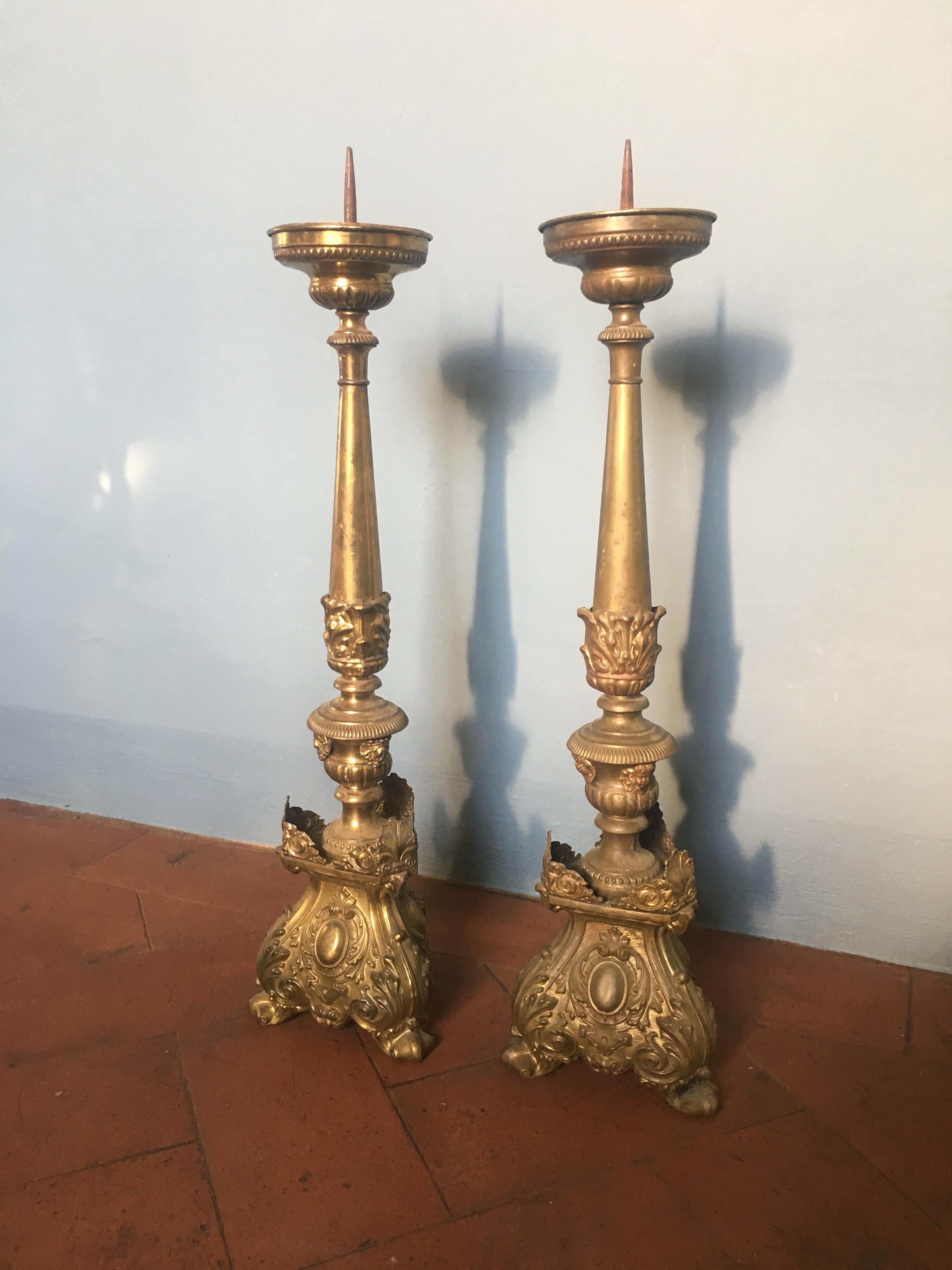 Victorian 19th Century Pair of Italian Altar Brass Candleholder, 1890s
