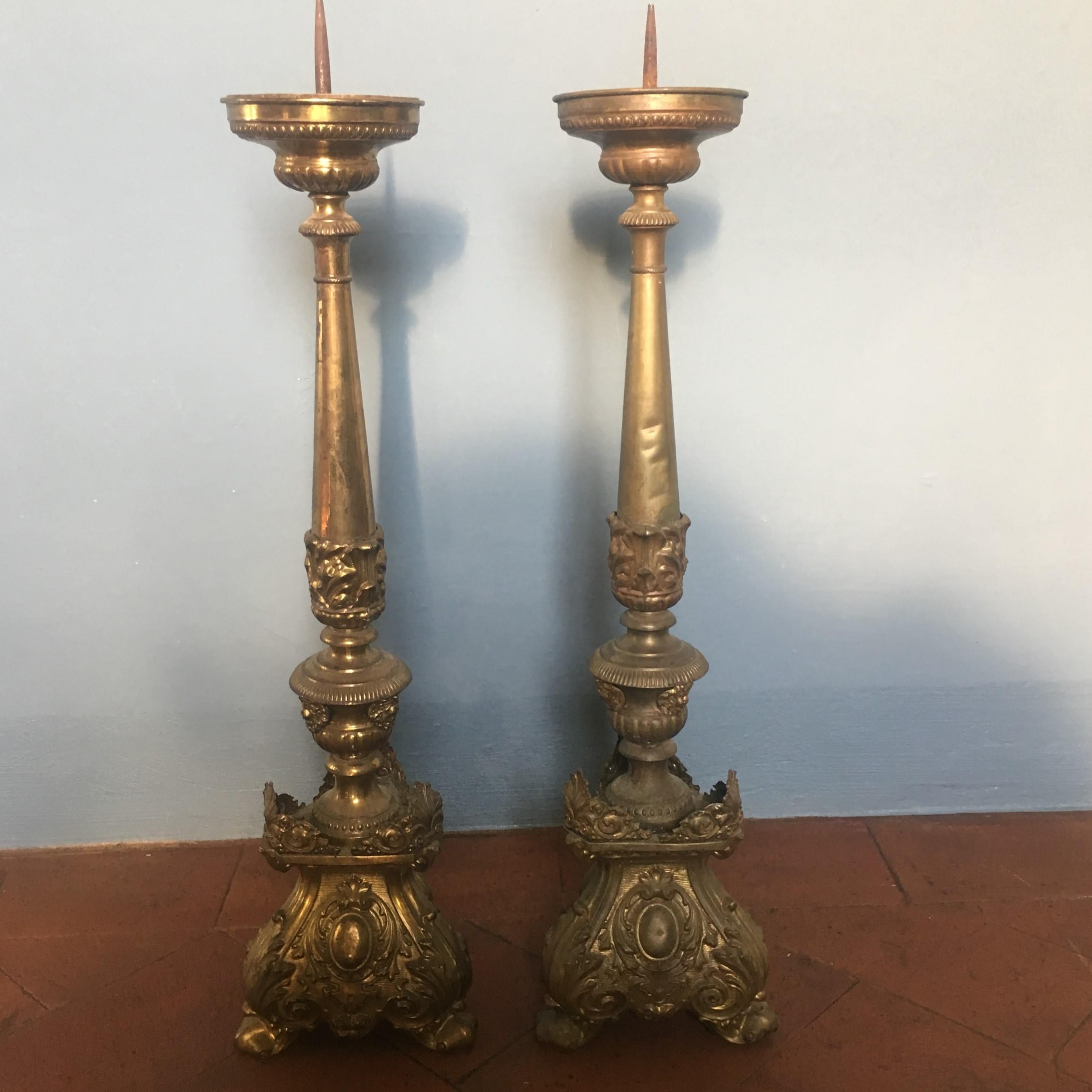 Late 19th Century 19th Century Pair of Italian Altar Brass Candleholder, 1890s