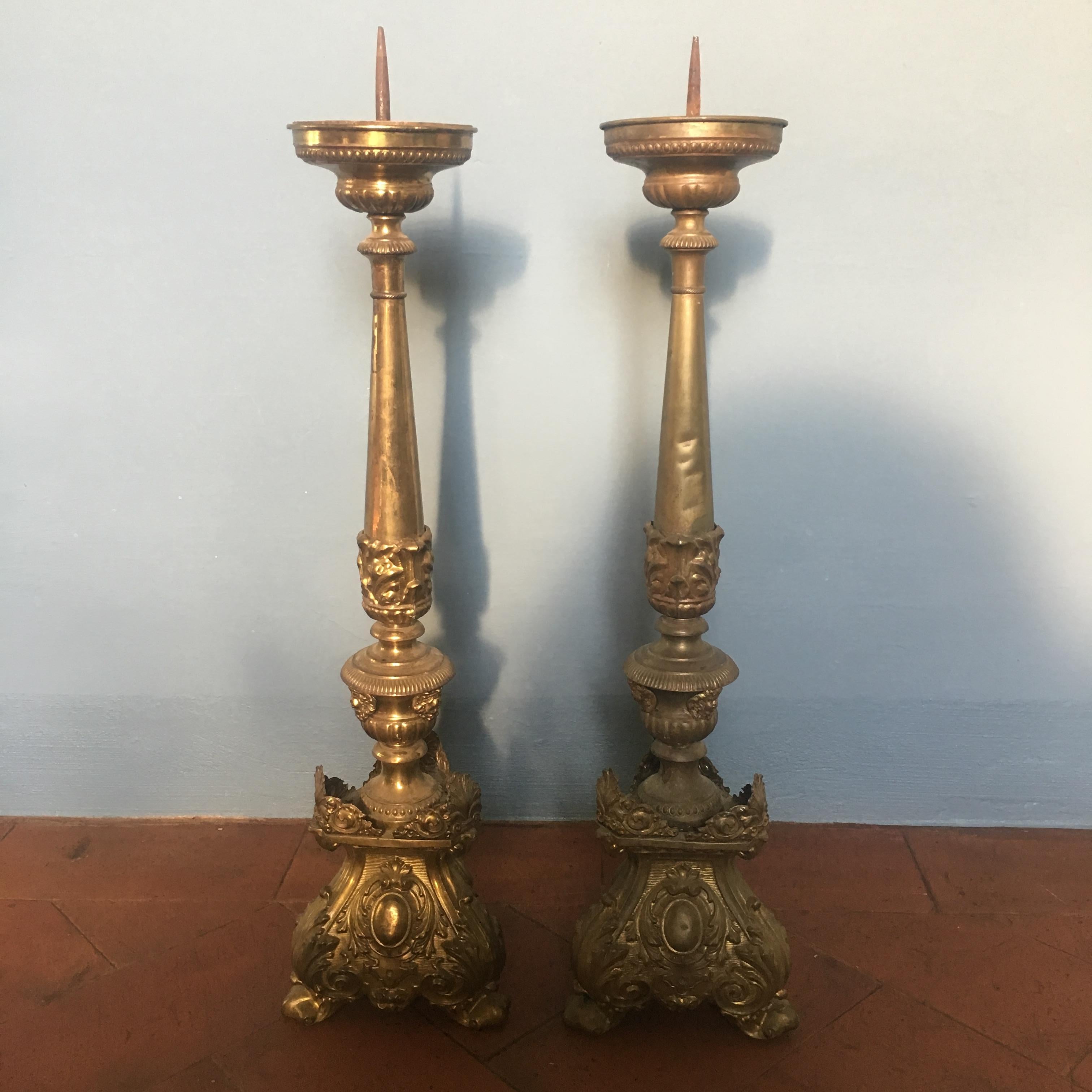 19th Century Pair of Italian Altar Brass Candleholder, 1890s 1