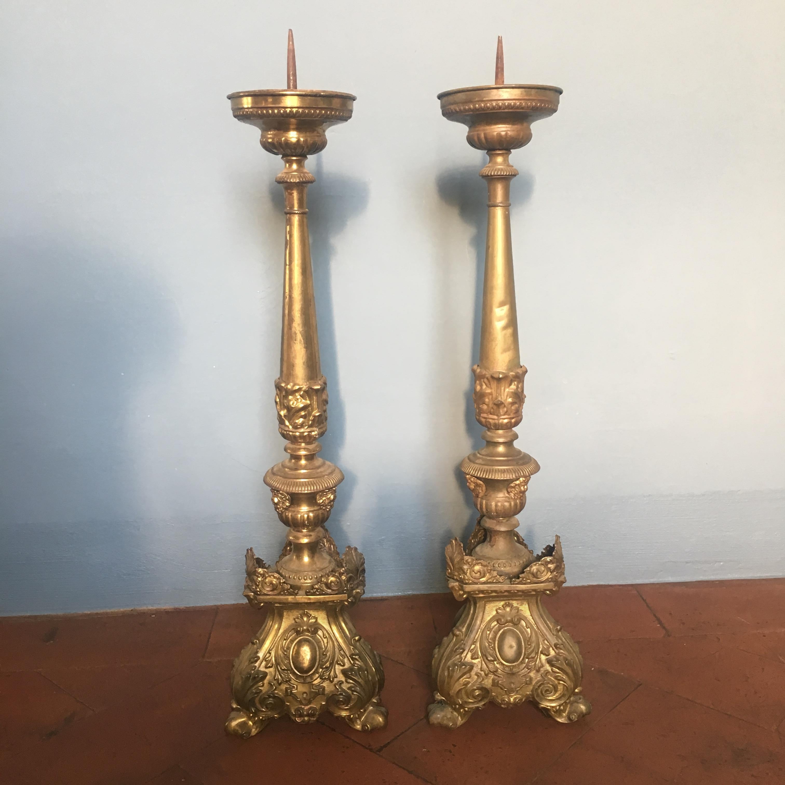 19th Century Pair of Italian Altar Brass Candleholder, 1890s 3