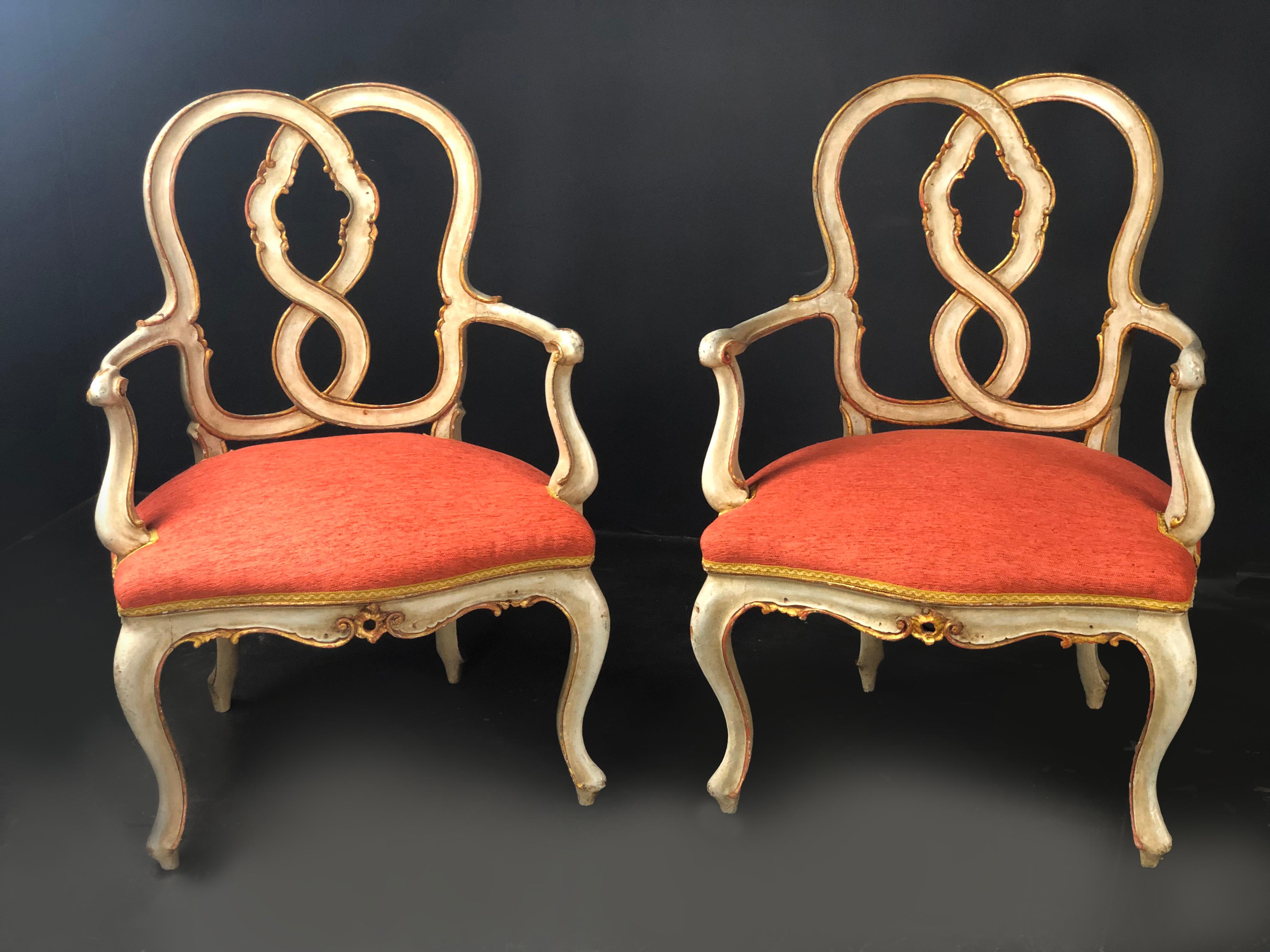 19th Century Pair of Italian Armchairs Painted and Parcel Gilt 4