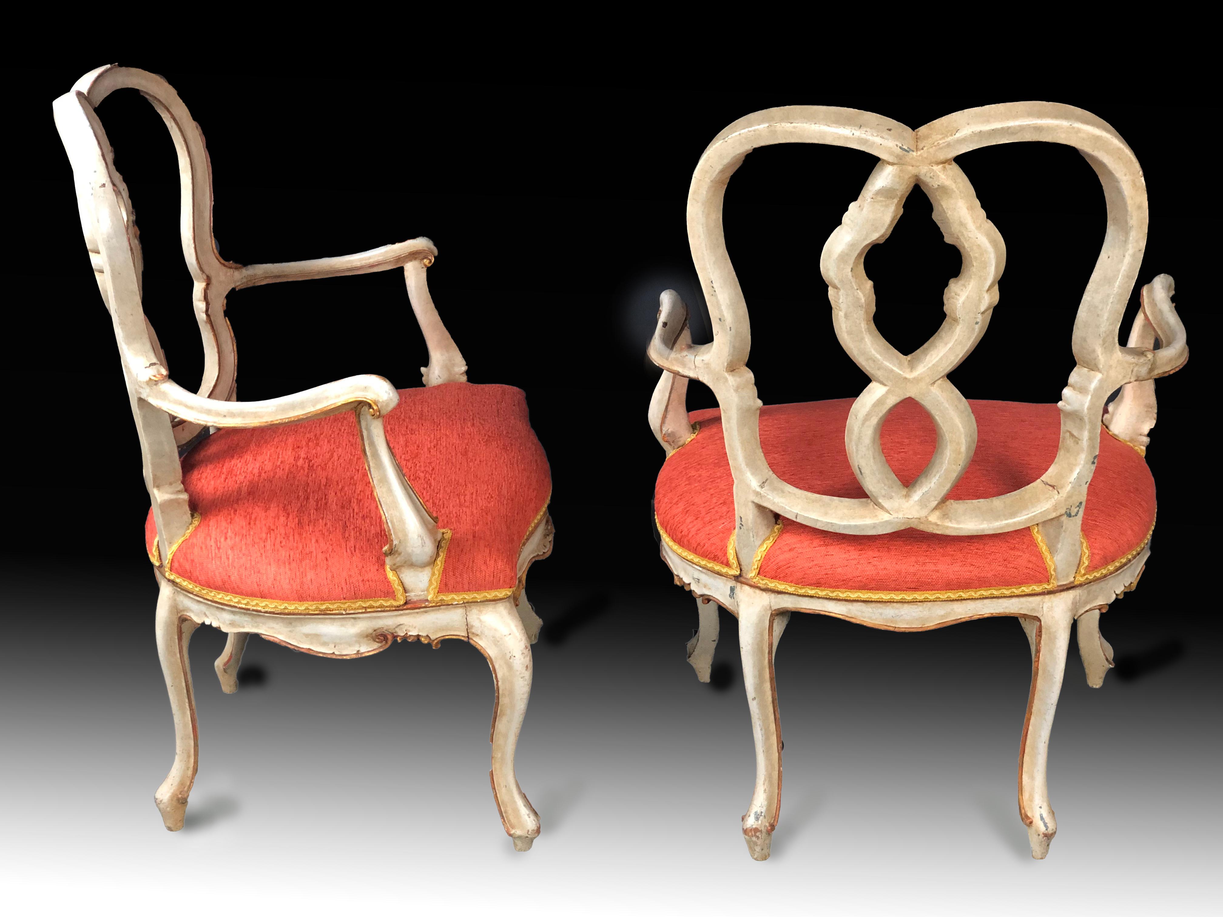 Baroque 19th Century Pair of Italian Armchairs Painted and Parcel Gilt