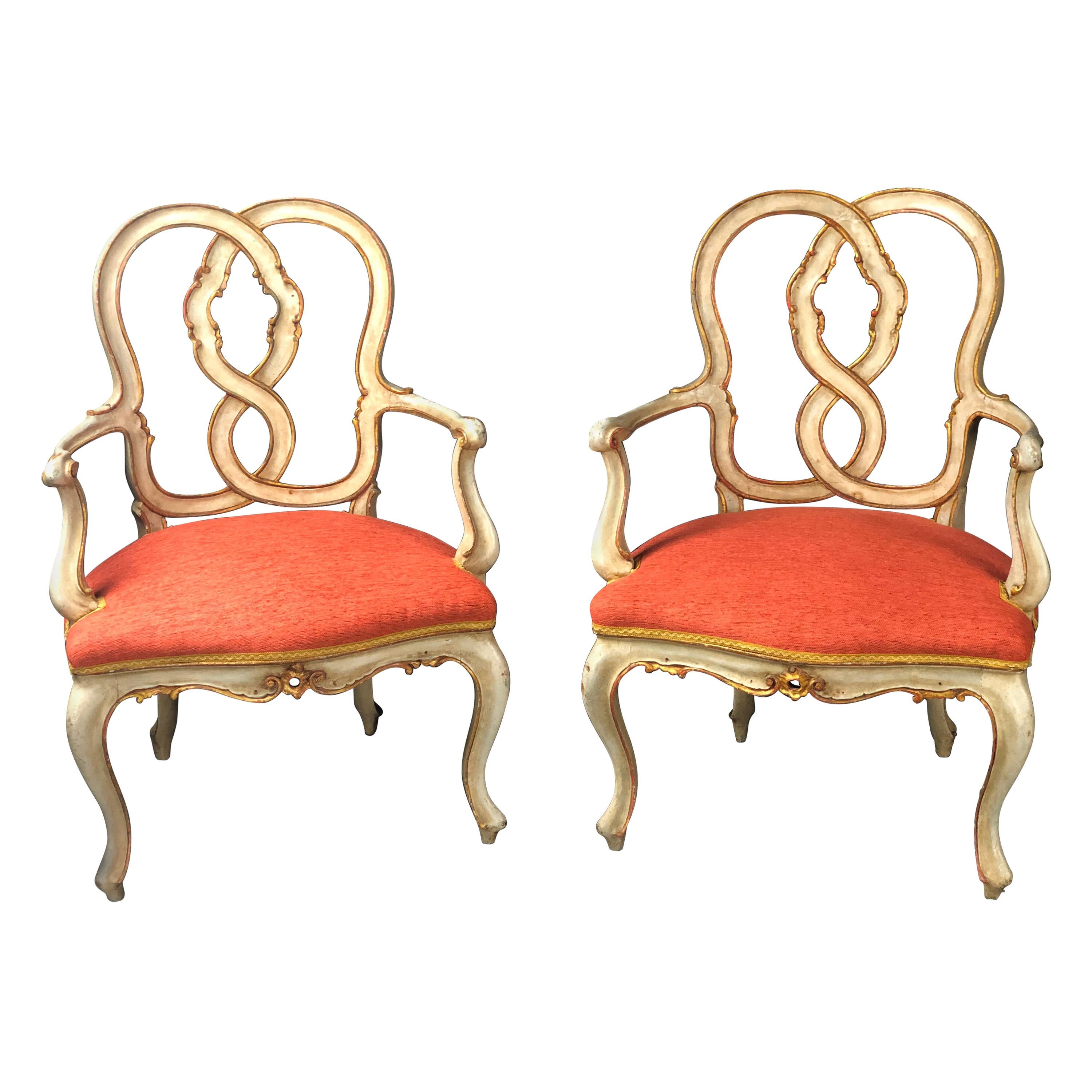 19th Century Pair of Italian Armchairs Painted and Parcel Gilt