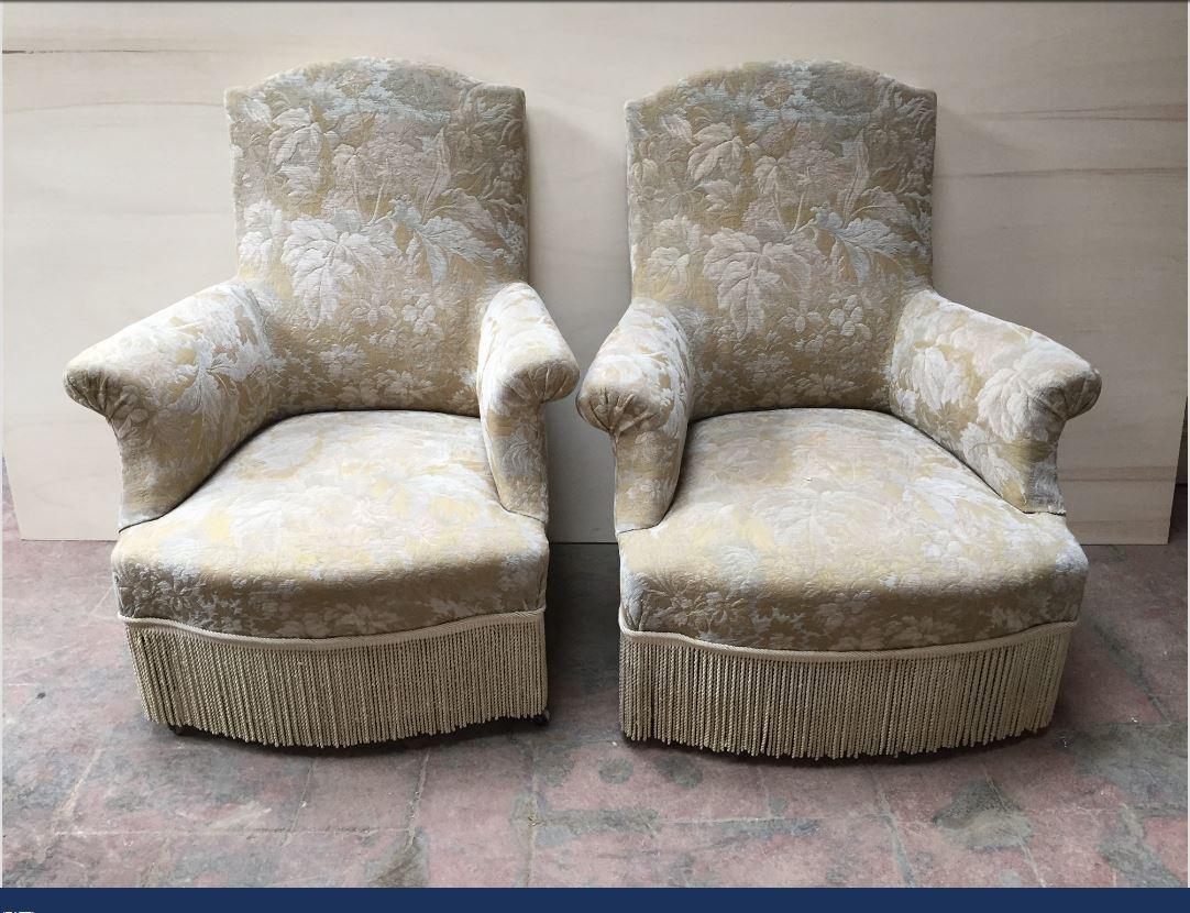 19th century pair of Italian armchairs re-upholstered with Lampasso fabric. 1890s.