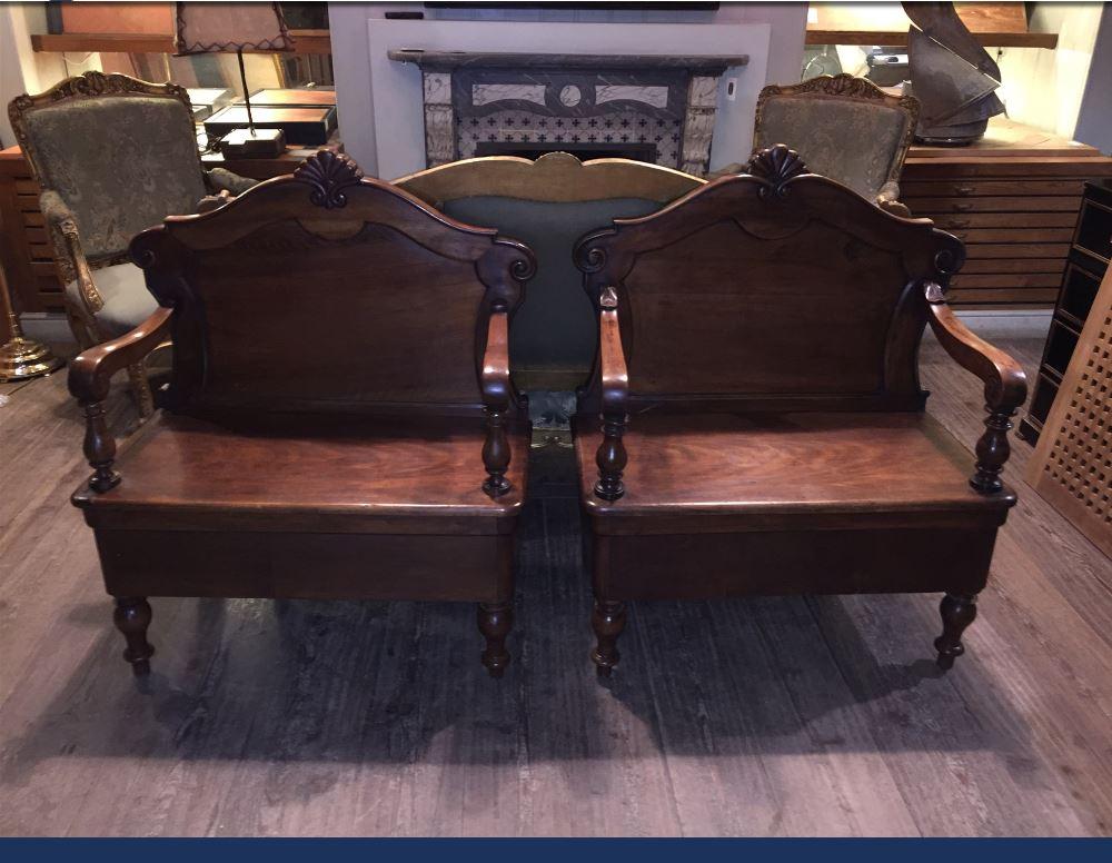 19th century pair of Italian carved walnut benches, 1890s.
