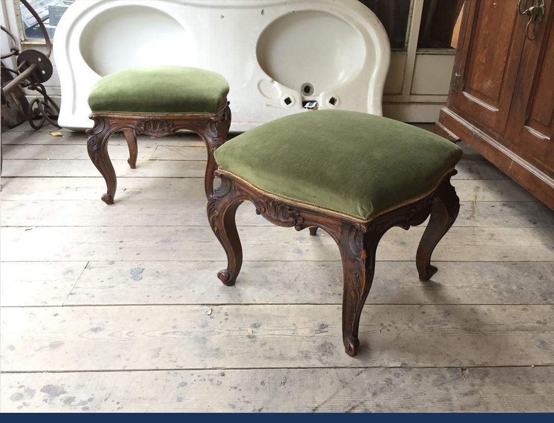 19th century pair of Italian carved wood footstools with velvet seat, 1890s.