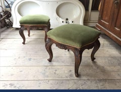19th Century Pair of Italian Carved Wood Footstools with Velvet Seat, 1890s