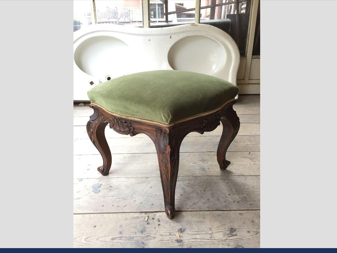 Victorian 19th Century Pair of Italian Carved Wood Footstools with Velvet Seat, 1890s For Sale