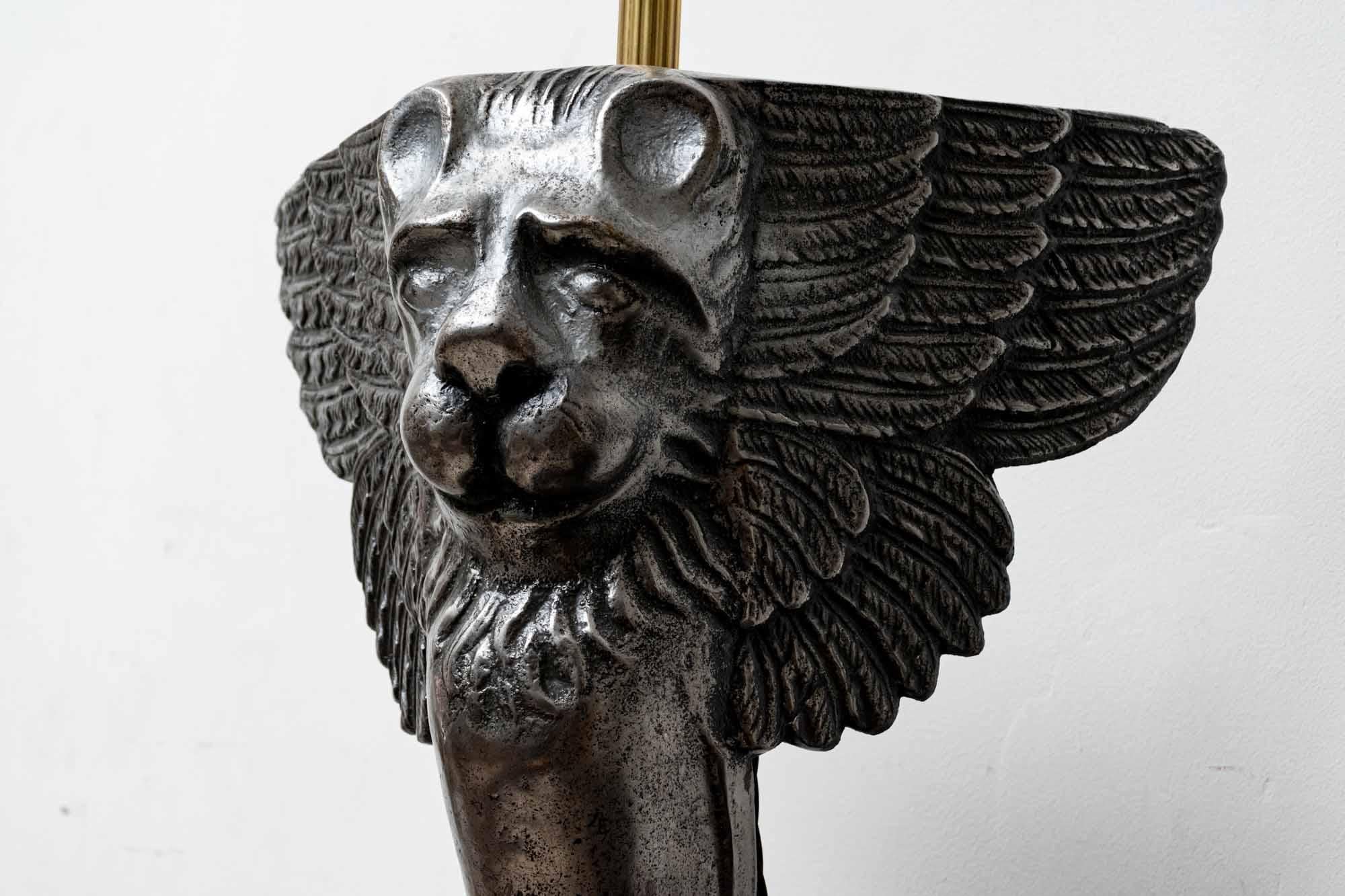 Classical Roman 19th Century Pair of Italian Cast Iron Griffin 'Winged Lions' Table Lamps For Sale
