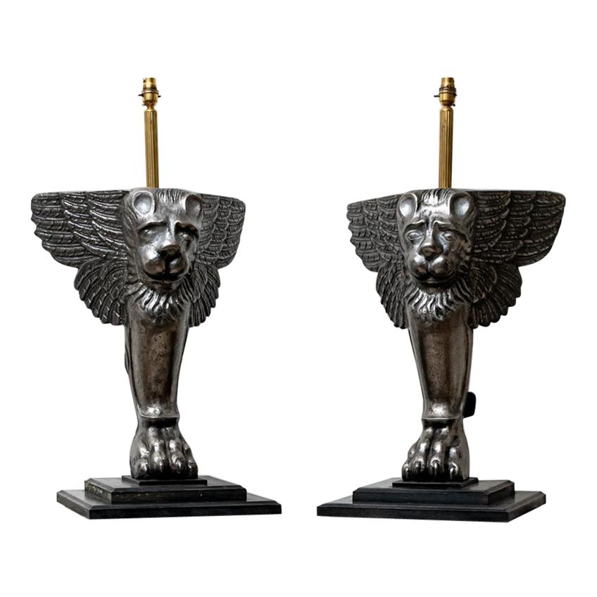 19th Century Pair of Italian Cast Iron Griffin 'Winged Lions' Table Lamps