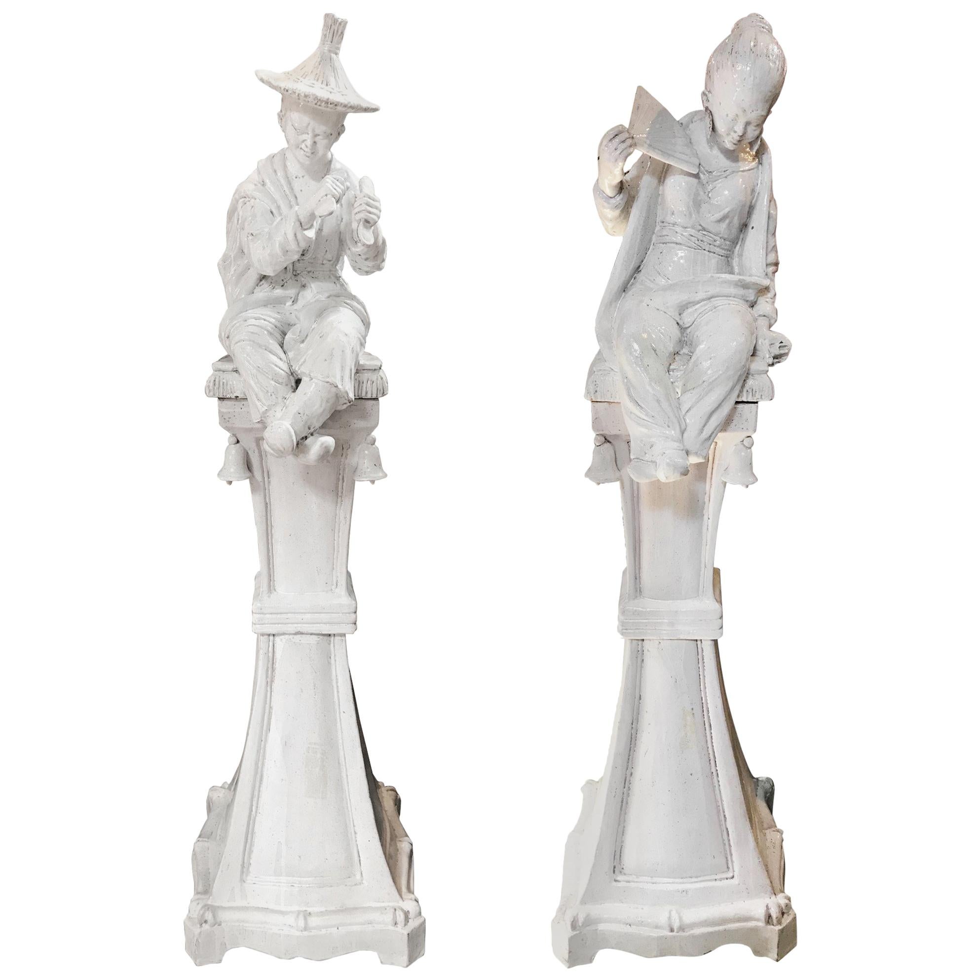 19th Century Pair of Italian Ceramic Chinoiserie Statues