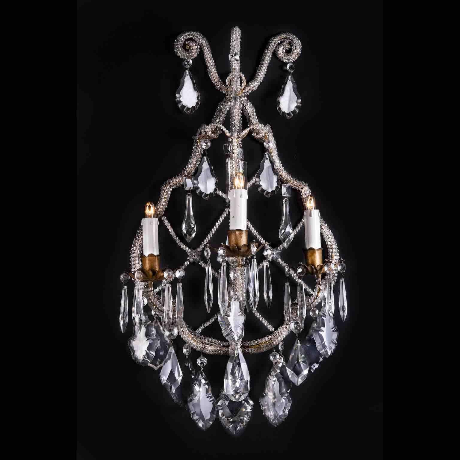 Brass 19th Century Pair of Italian Crystal Beaded Sconces Three-Light Wall Lights