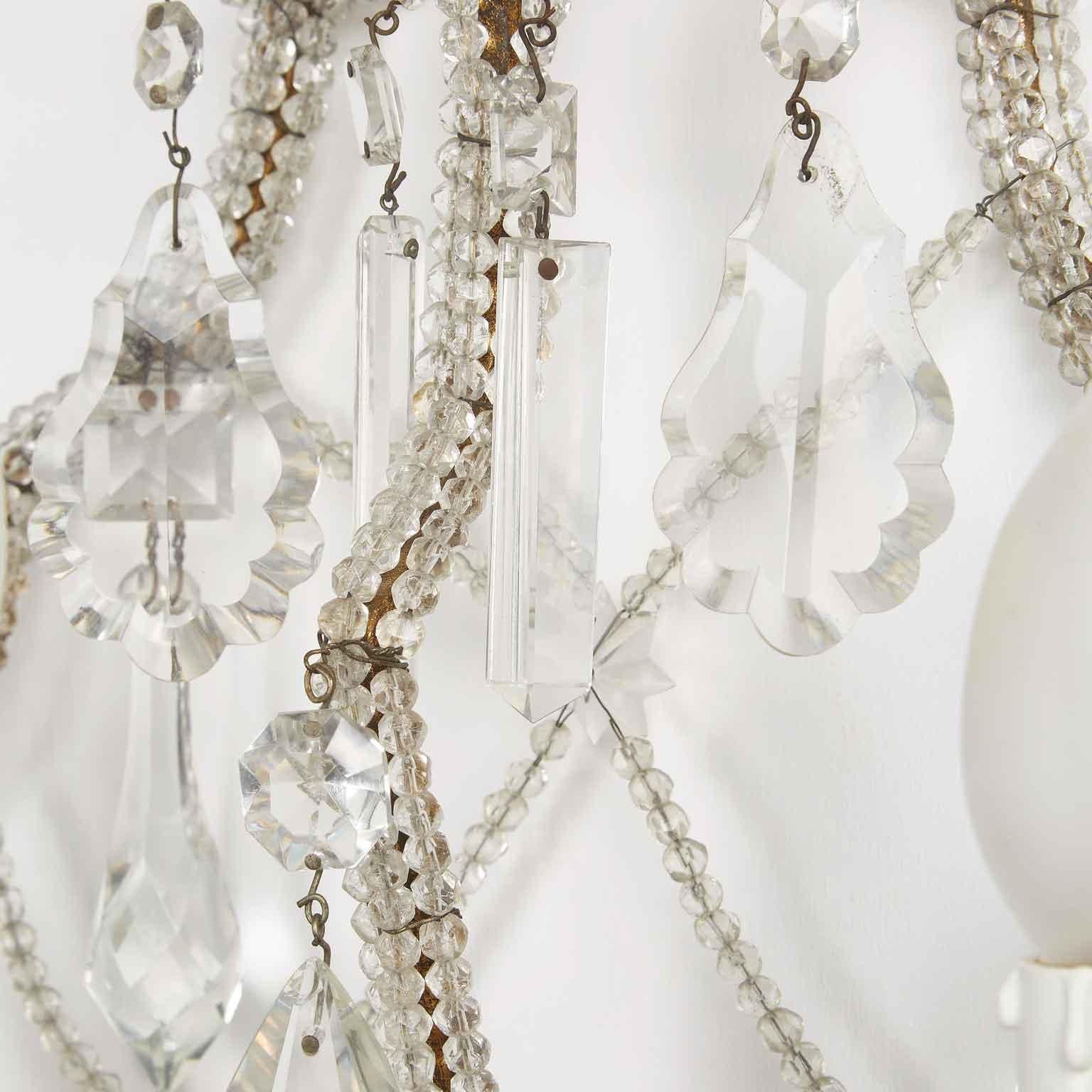 19th Century Pair of Italian Crystal Beaded Sconces Three-Light Wall Lights 1