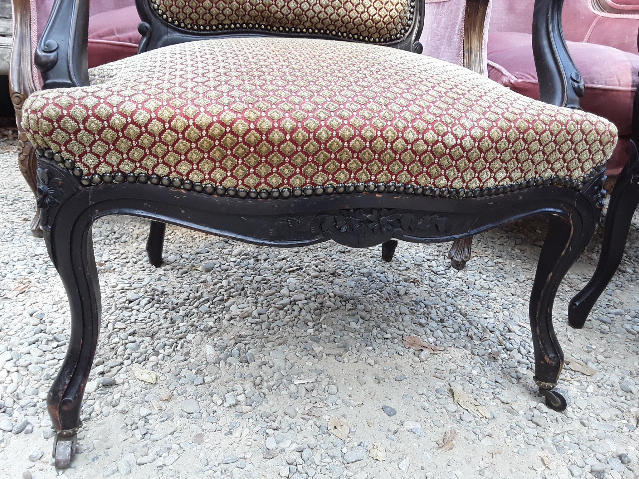 19th Century Pair of Italian Ebonized Wood Armchairs with Original Fabric, 1890s For Sale 7